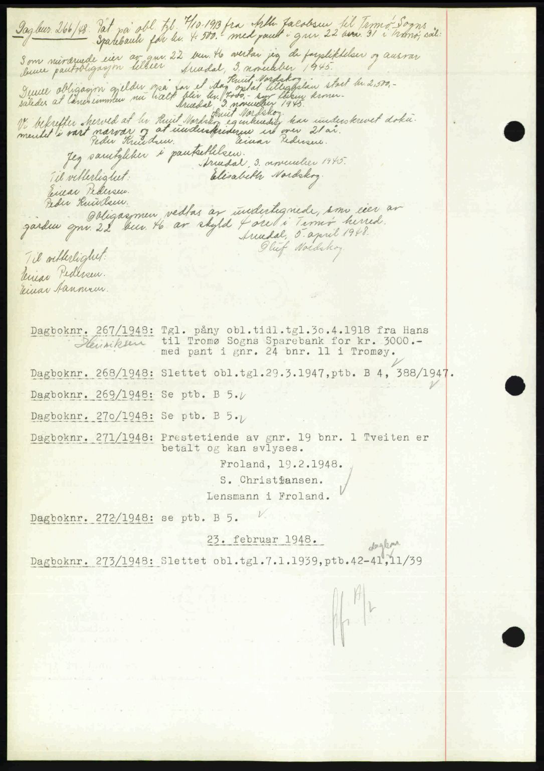 Nedenes sorenskriveri, SAK/1221-0006/G/Gb/Gba/L0058: Mortgage book no. A10, 1947-1948, Diary no: : 266/1948