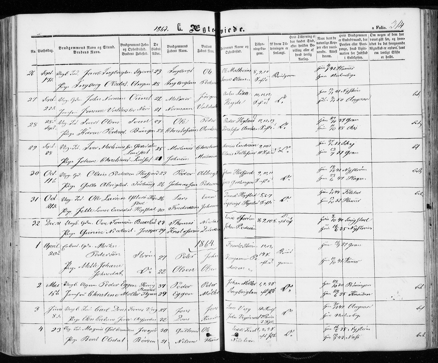 Ministerialprotokoller, klokkerbøker og fødselsregistre - Sør-Trøndelag, SAT/A-1456/657/L0705: Parish register (official) no. 657A06, 1858-1867, p. 314