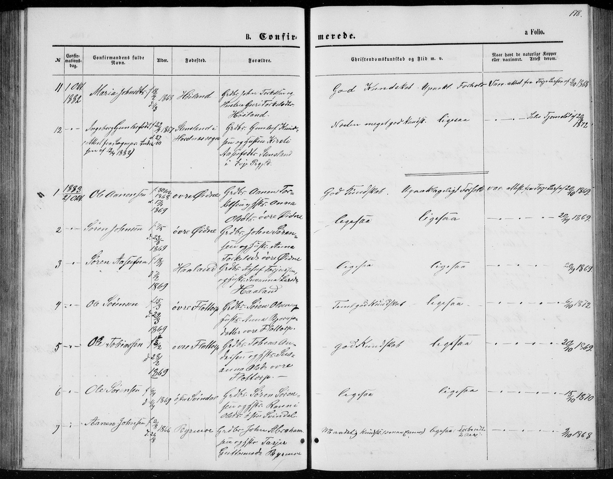 Bjelland sokneprestkontor, AV/SAK-1111-0005/F/Fb/Fbc/L0002: Parish register (copy) no. B 2, 1867-1887, p. 178