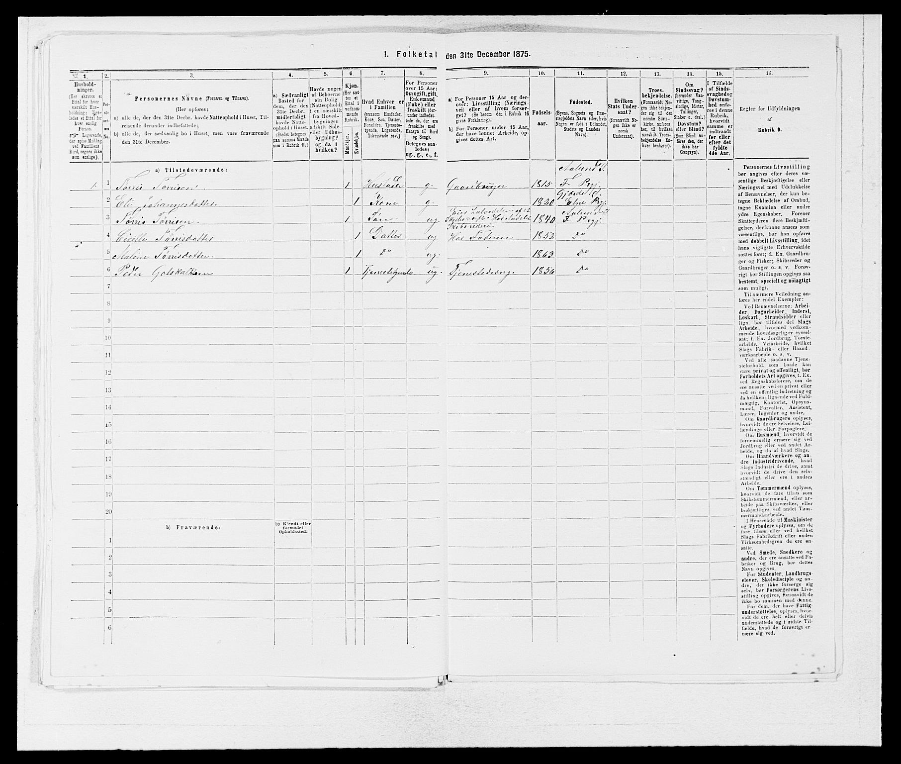 SAB, 1875 census for 1213P Fjelberg, 1875, p. 122