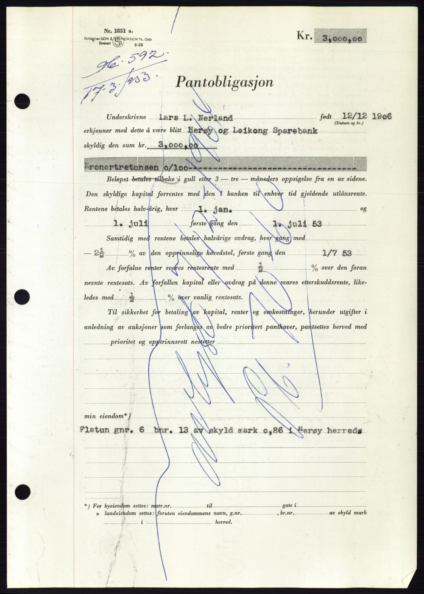 Søre Sunnmøre sorenskriveri, AV/SAT-A-4122/1/2/2C/L0123: Mortgage book no. 11B, 1953-1953, Diary no: : 592/1953