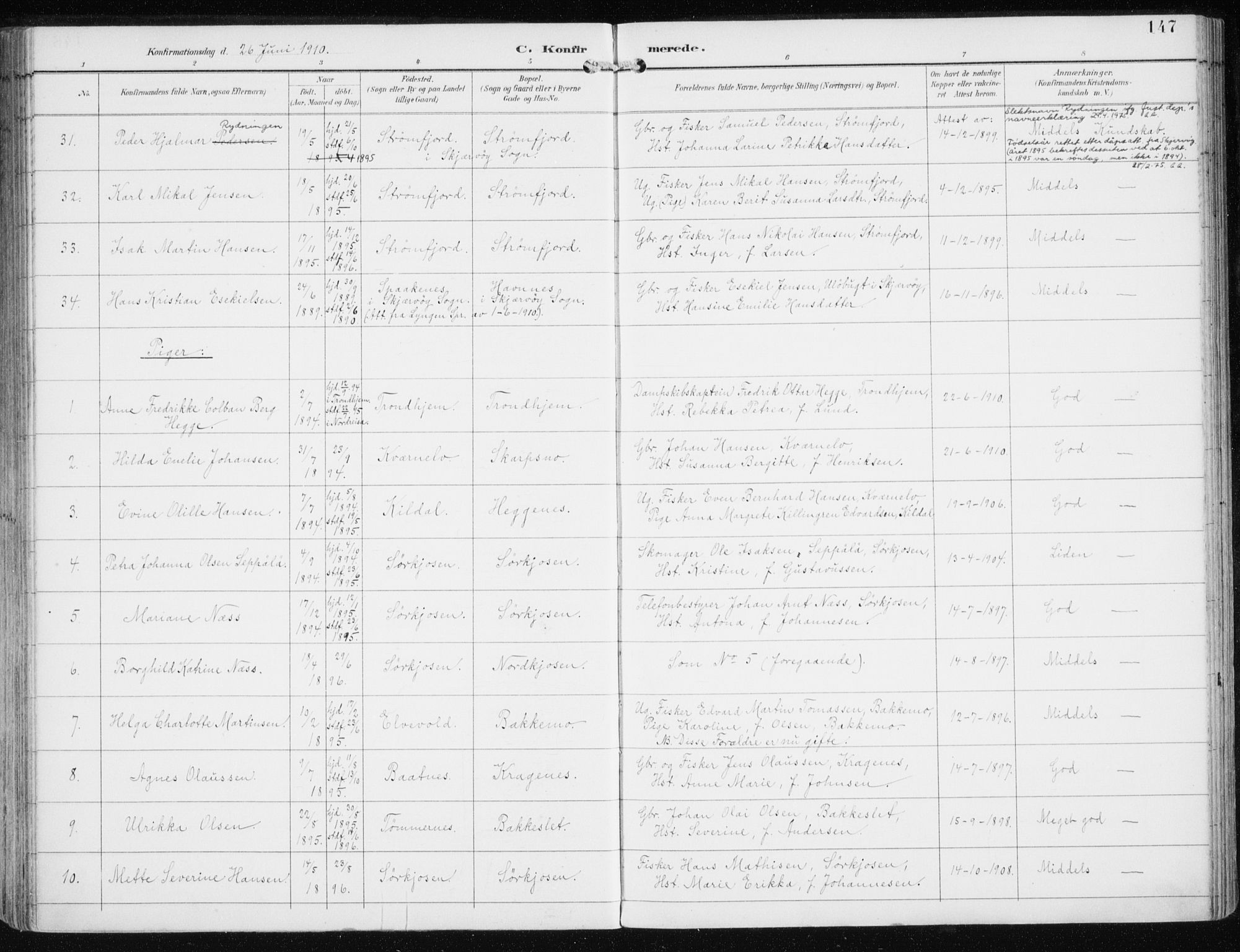 Skjervøy sokneprestkontor, AV/SATØ-S-1300/H/Ha/Haa/L0017kirke: Parish register (official) no. 17, 1895-1911, p. 147