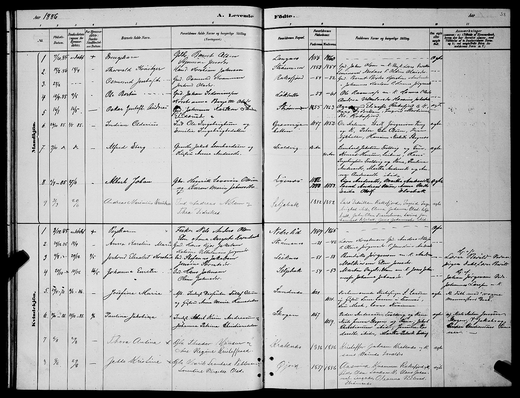 Lenvik sokneprestembete, SATØ/S-1310/H/Ha/Hab/L0006klokker: Parish register (copy) no. 6, 1881-1889, p. 38