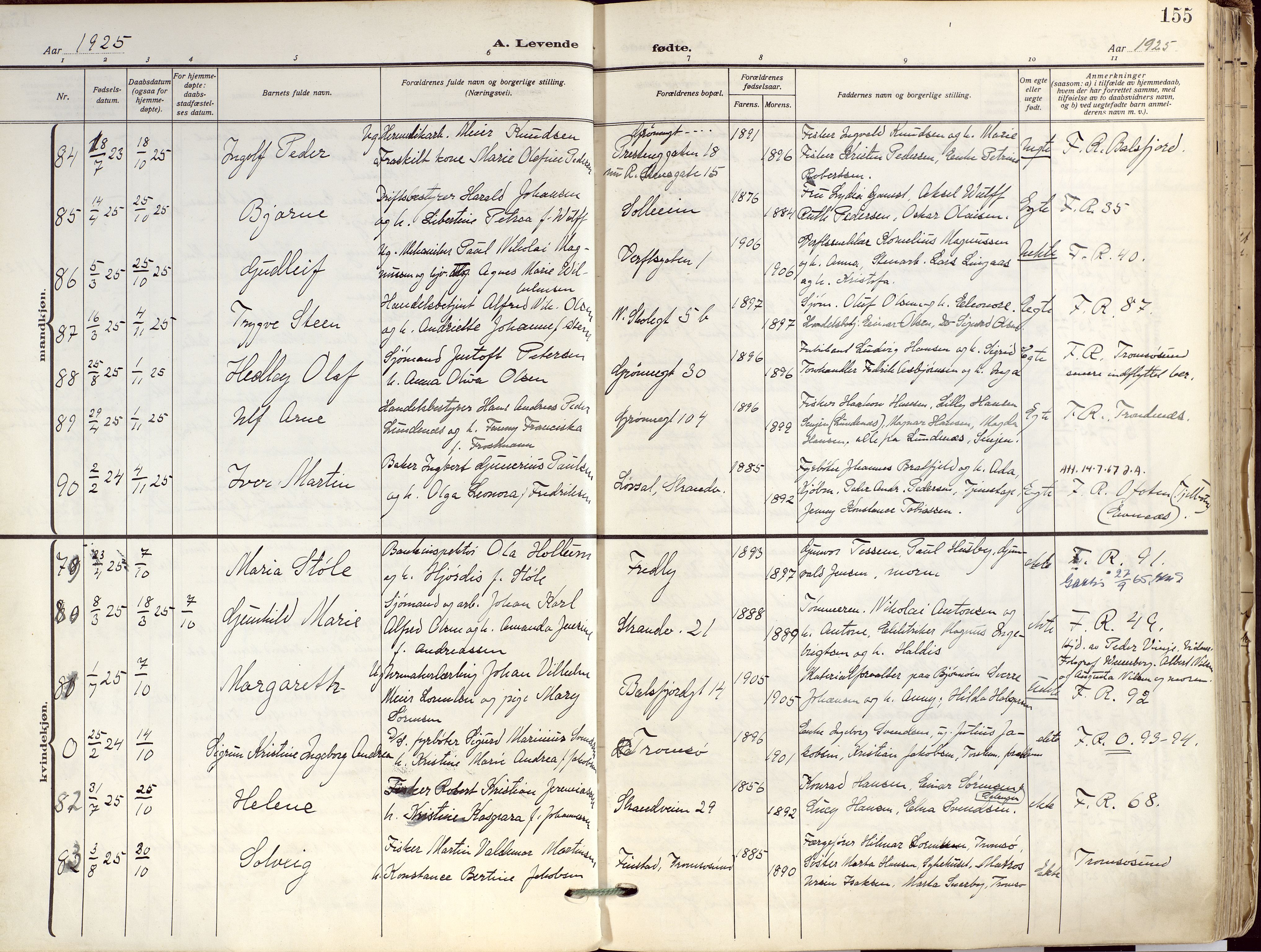 Tromsø sokneprestkontor/stiftsprosti/domprosti, AV/SATØ-S-1343/G/Ga/L0019kirke: Parish register (official) no. 19, 1917-1927, p. 155