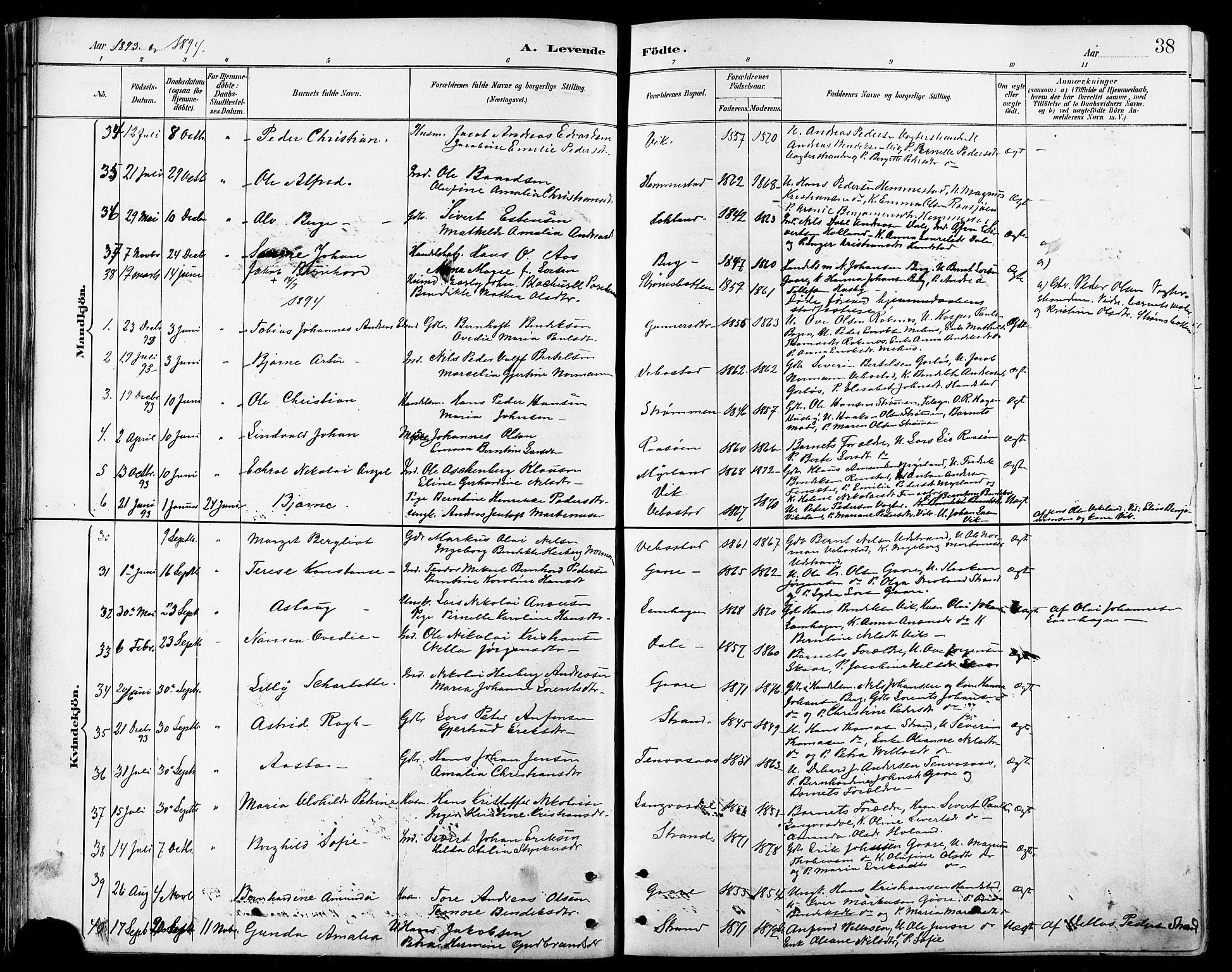 Kvæfjord sokneprestkontor, AV/SATØ-S-1323/G/Ga/Gab/L0005klokker: Parish register (copy) no. 5, 1886-1911, p. 38