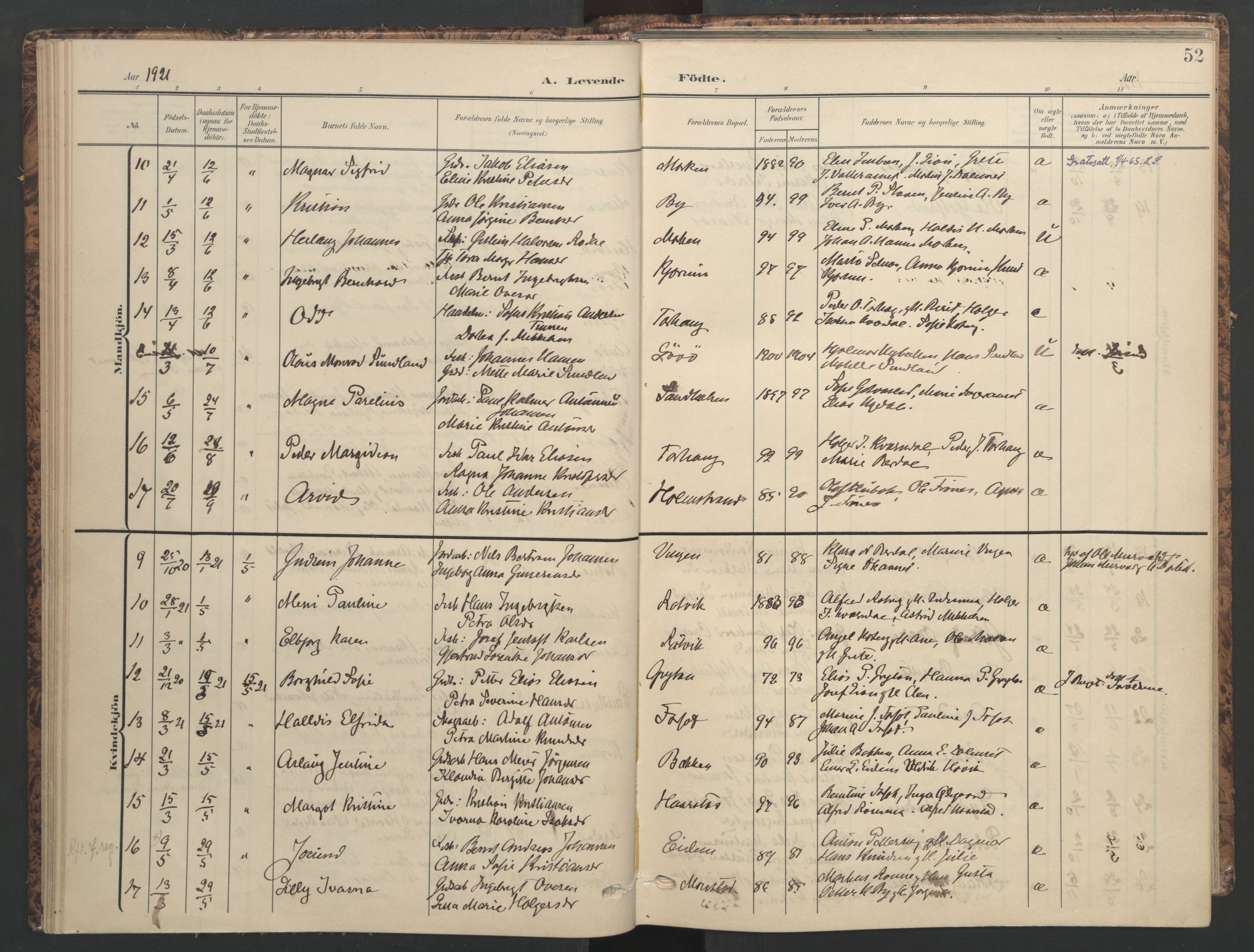 Ministerialprotokoller, klokkerbøker og fødselsregistre - Sør-Trøndelag, SAT/A-1456/655/L0682: Parish register (official) no. 655A11, 1908-1922, p. 52