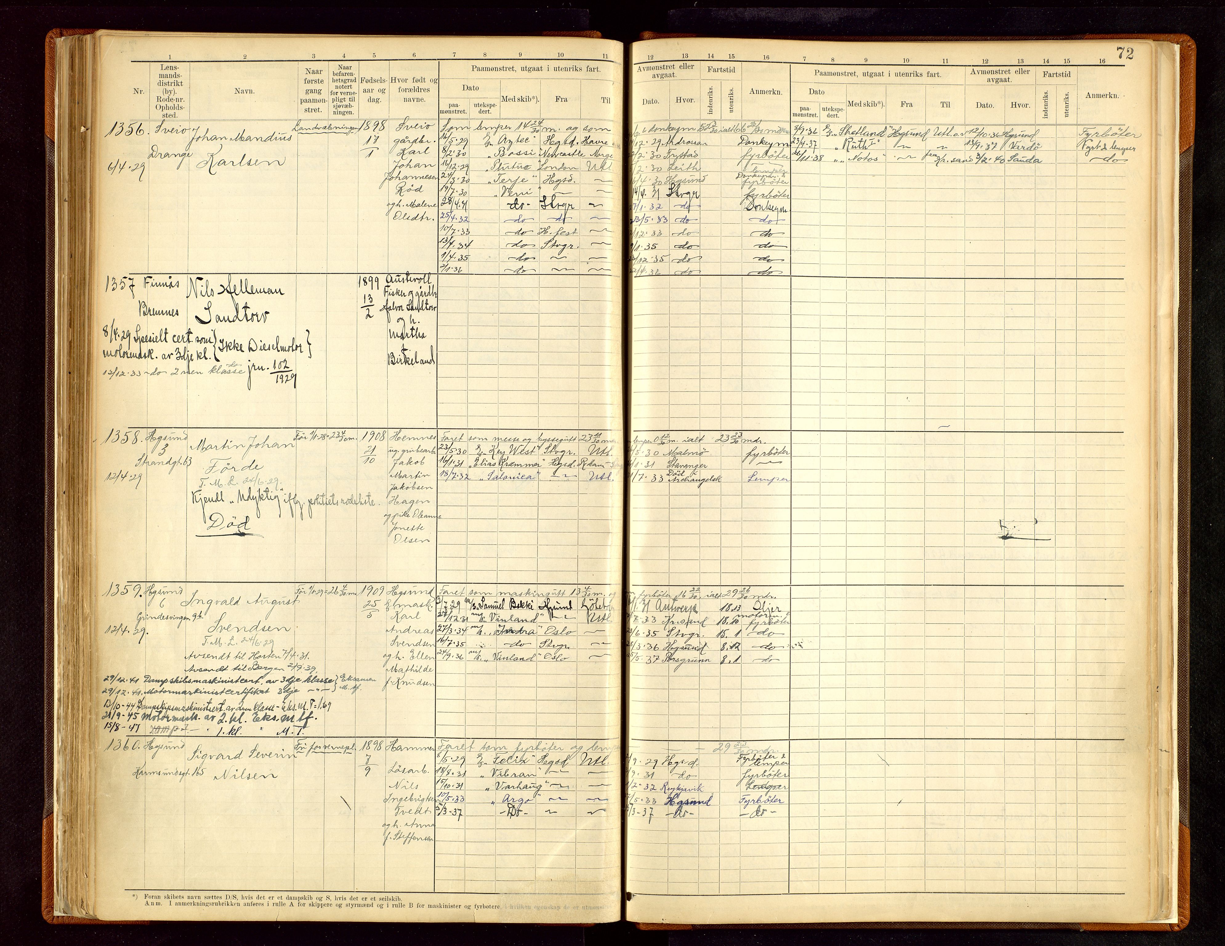 Haugesund sjømannskontor, AV/SAST-A-102007/F/Fb/Fbb/L0010: Sjøfartsrulle Haugesund krets nr. 1001-1471, 1868-1948, p. 72