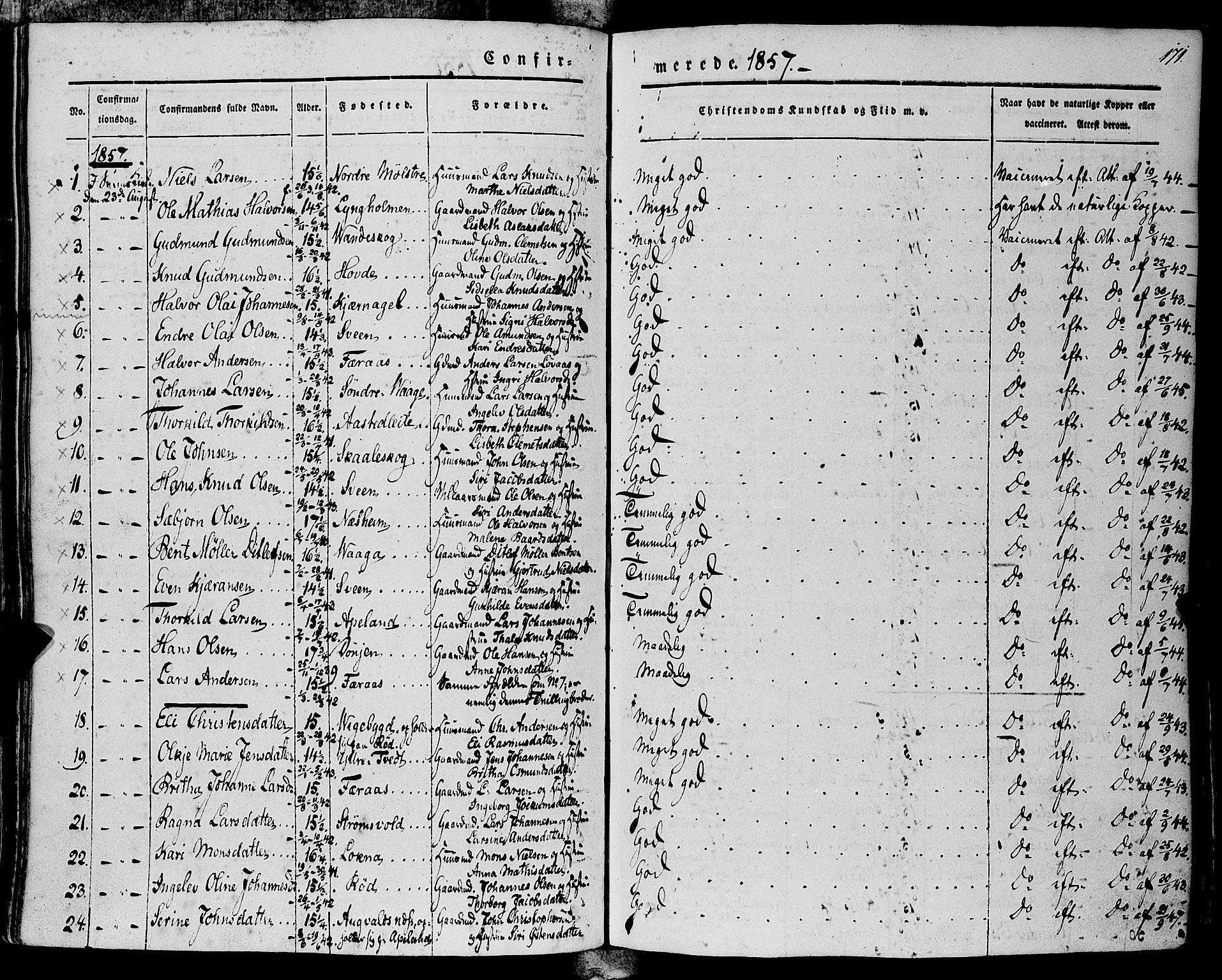 Finnås sokneprestembete, AV/SAB-A-99925/H/Ha/Haa/Haaa/L0007: Parish register (official) no. A 7, 1850-1862, p. 171