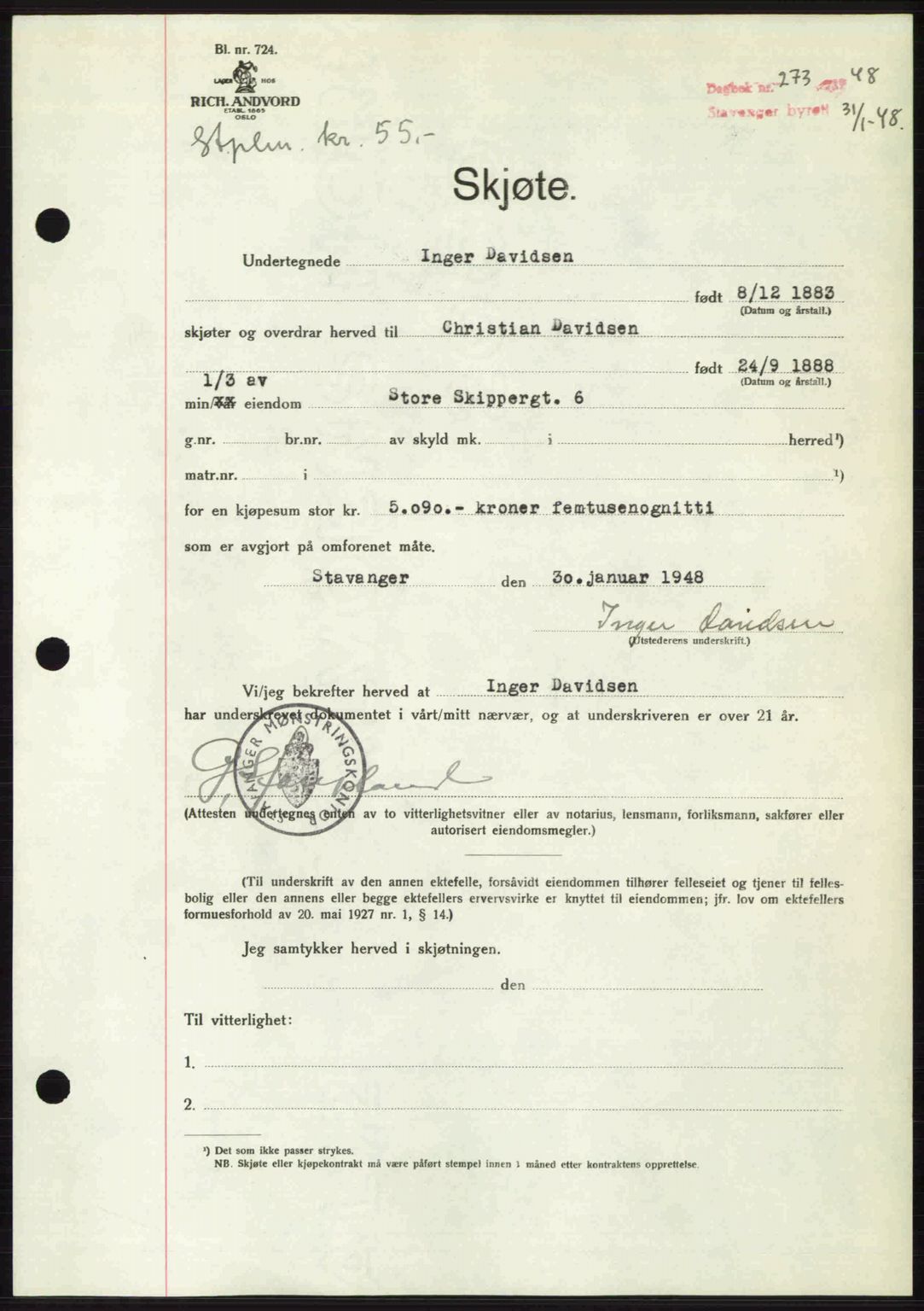 Stavanger byrett, SAST/A-100455/002/G/Gb/L0022: Mortgage book no. A11, 1947-1948, Diary no: : 273/1948