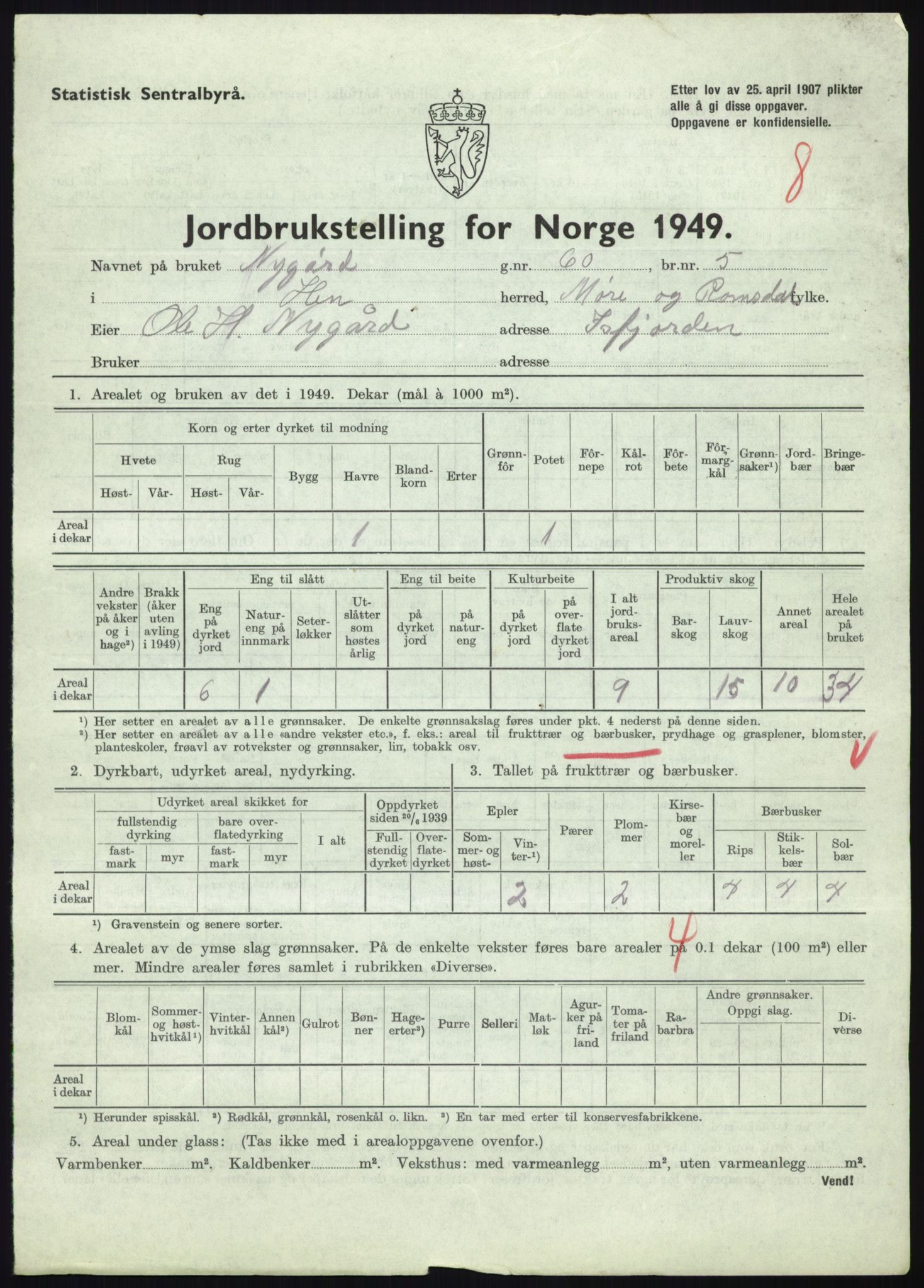 Statistisk sentralbyrå, Næringsøkonomiske emner, Jordbruk, skogbruk, jakt, fiske og fangst, AV/RA-S-2234/G/Gc/L0323: Møre og Romsdal: Grytten og Hen, 1949, p. 525