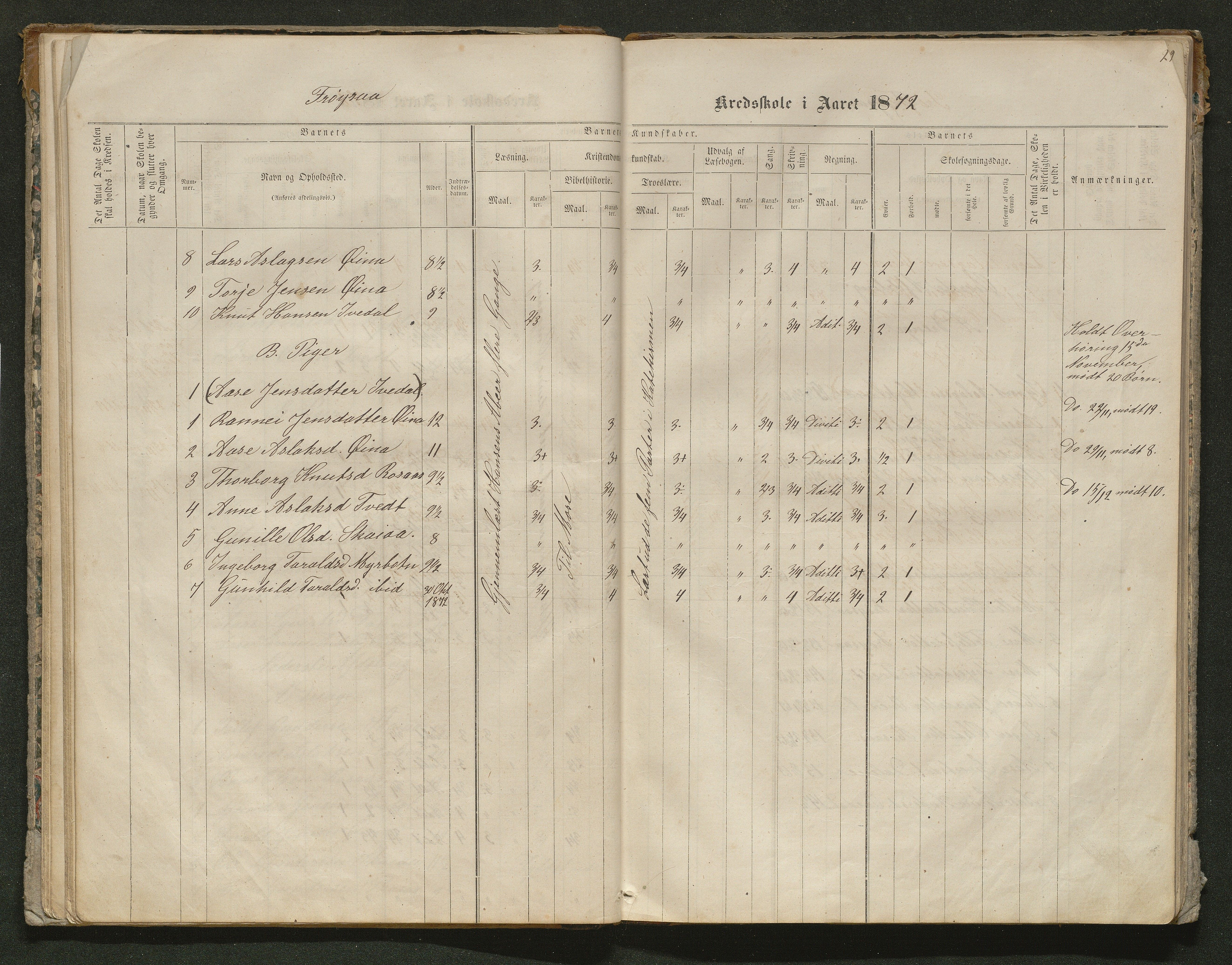 Iveland kommune, De enkelte kretsene/Skolene, AAKS/KA0935-550/A_10/L0005: Skoleprotokoll for Frøyså og Mykland krets, 1864-1881, p. 29