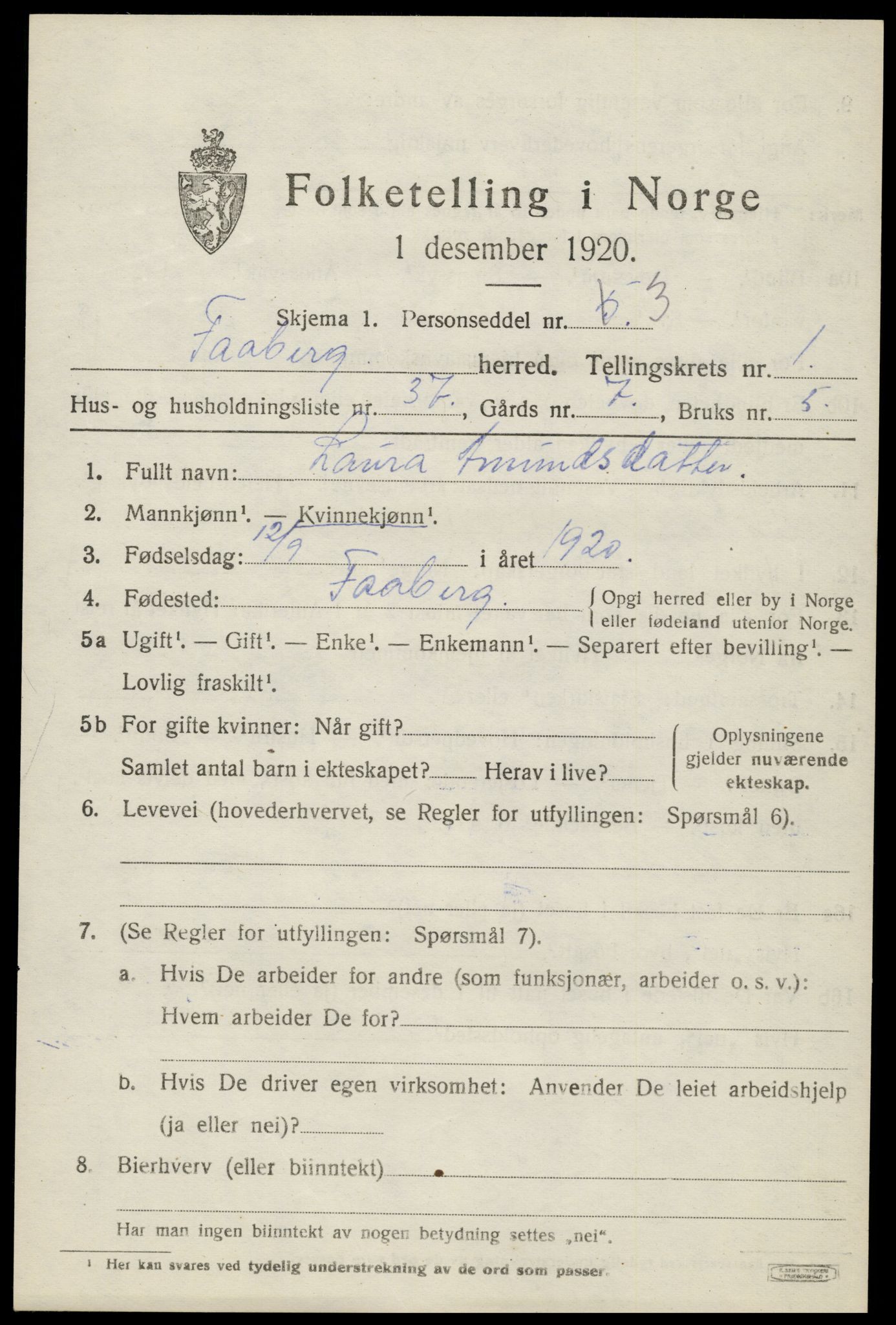 SAH, 1920 census for Fåberg, 1920, p. 2696