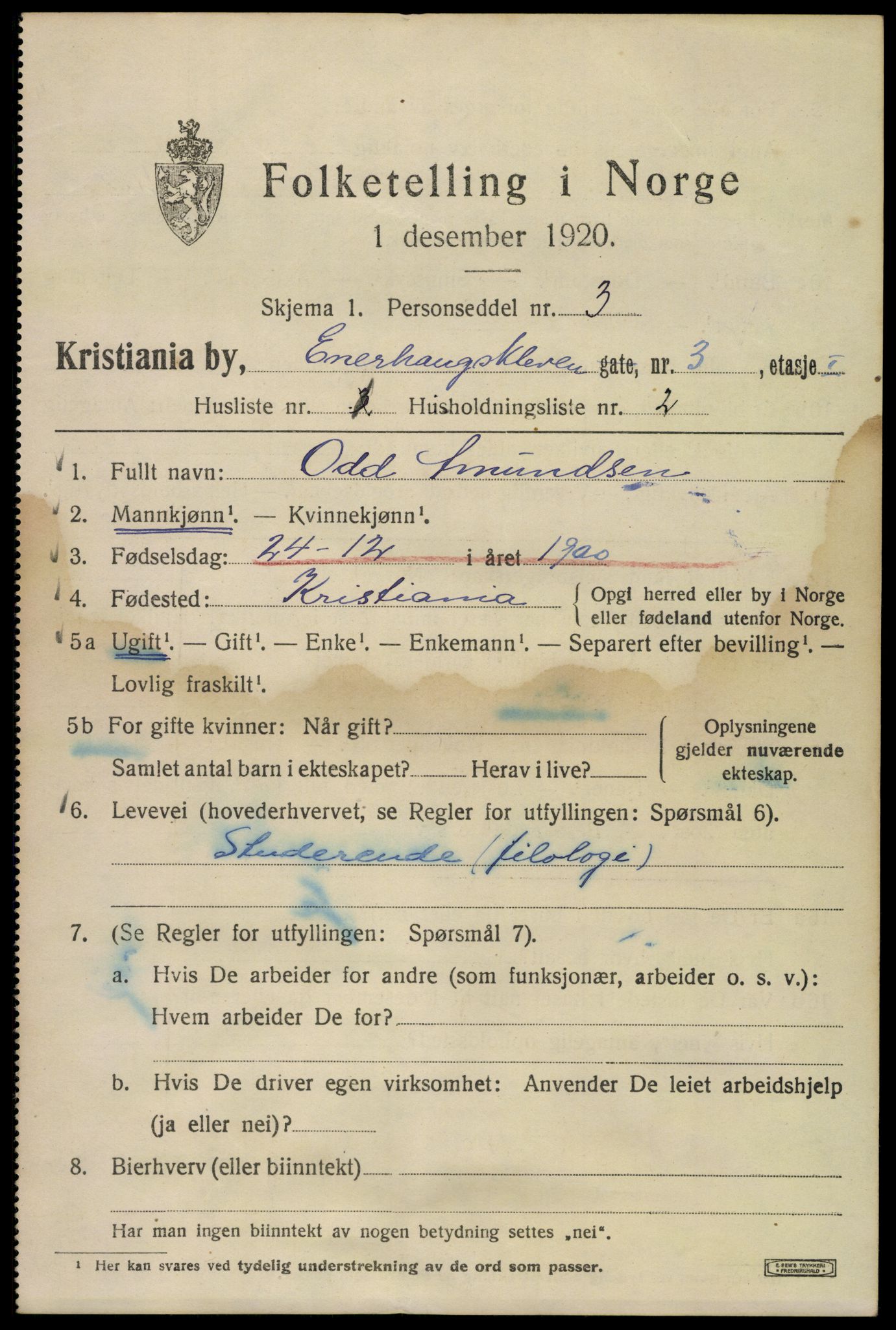 SAO, 1920 census for Kristiania, 1920, p. 218335