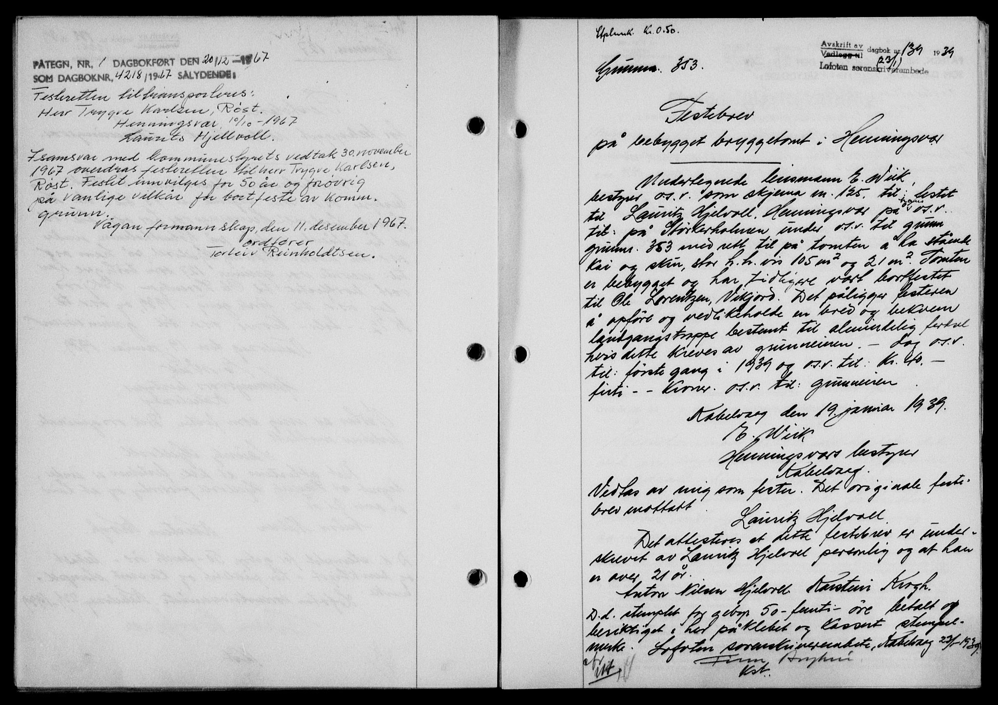 Lofoten sorenskriveri, SAT/A-0017/1/2/2C/L0005a: Mortgage book no. 5a, 1939-1939, Diary no: : 139/1939