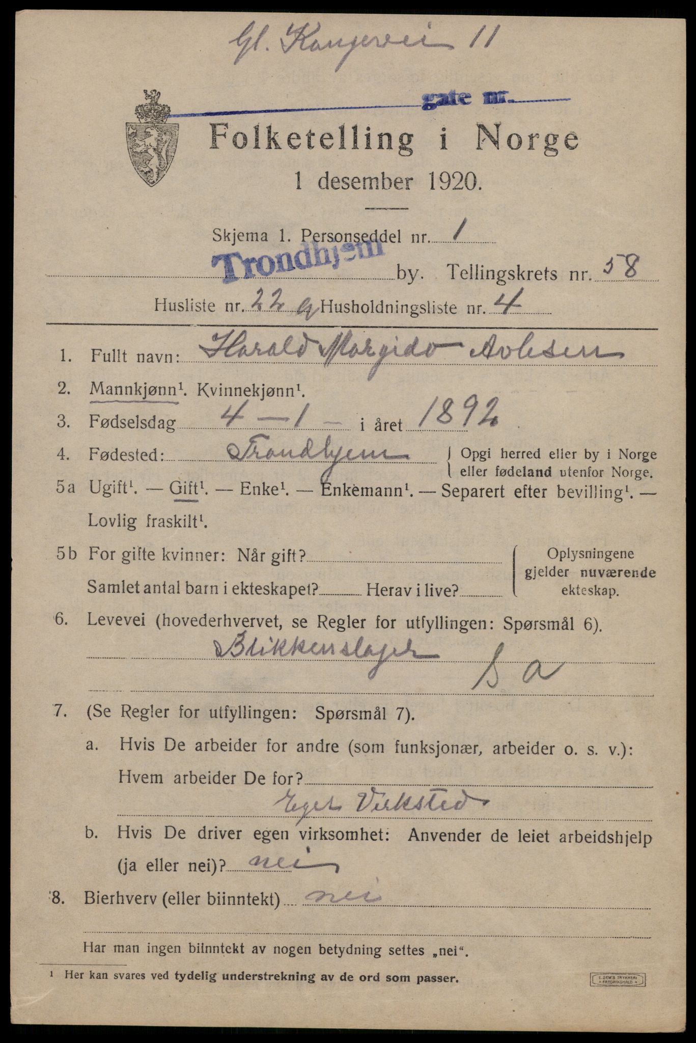 SAT, 1920 census for Trondheim, 1920, p. 118122