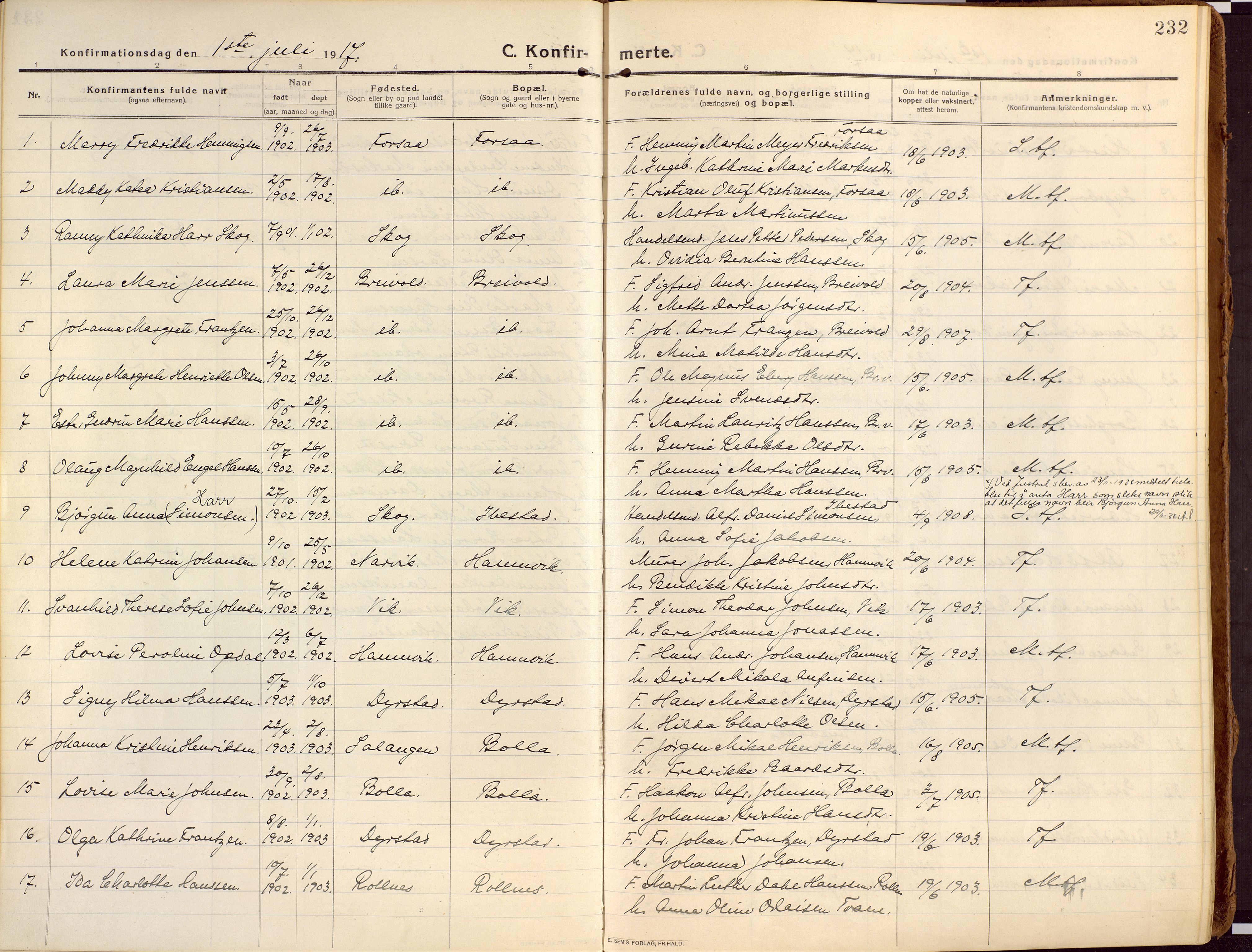 Ibestad sokneprestembete, SATØ/S-0077/H/Ha/Haa/L0018kirke: Parish register (official) no. 18, 1915-1929, p. 232