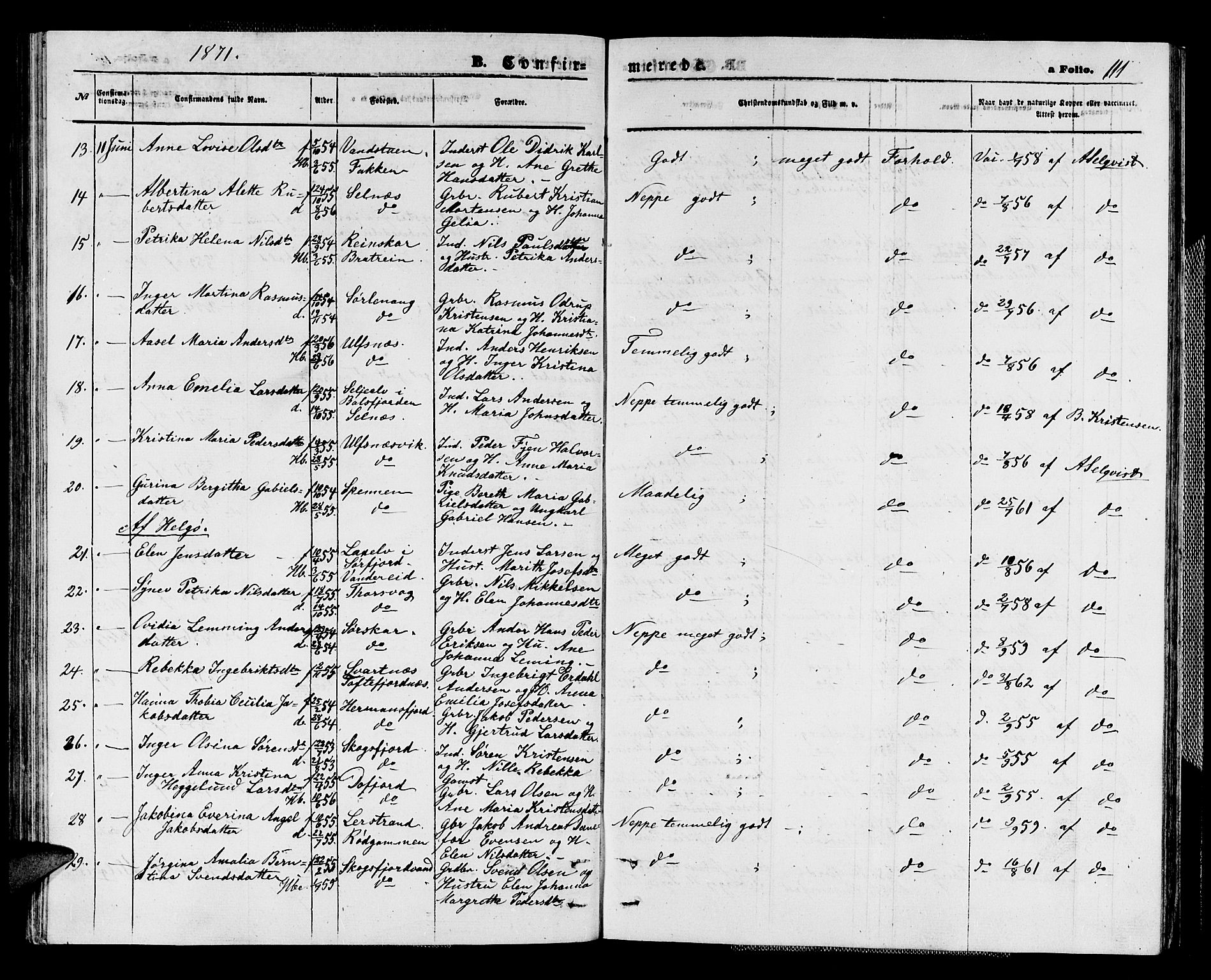 Karlsøy sokneprestembete, AV/SATØ-S-1299/H/Ha/Hab/L0003klokker: Parish register (copy) no. 3, 1862-1877, p. 111