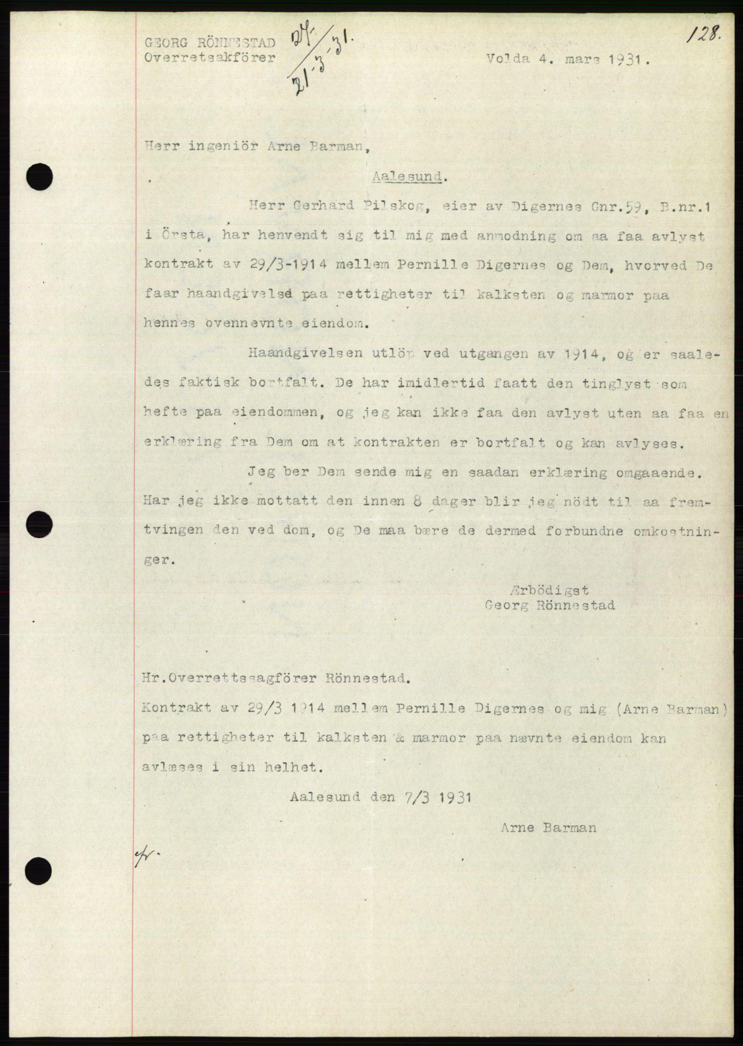 Søre Sunnmøre sorenskriveri, AV/SAT-A-4122/1/2/2C/L0052: Mortgage book no. 46, 1931-1931, Deed date: 21.03.1931