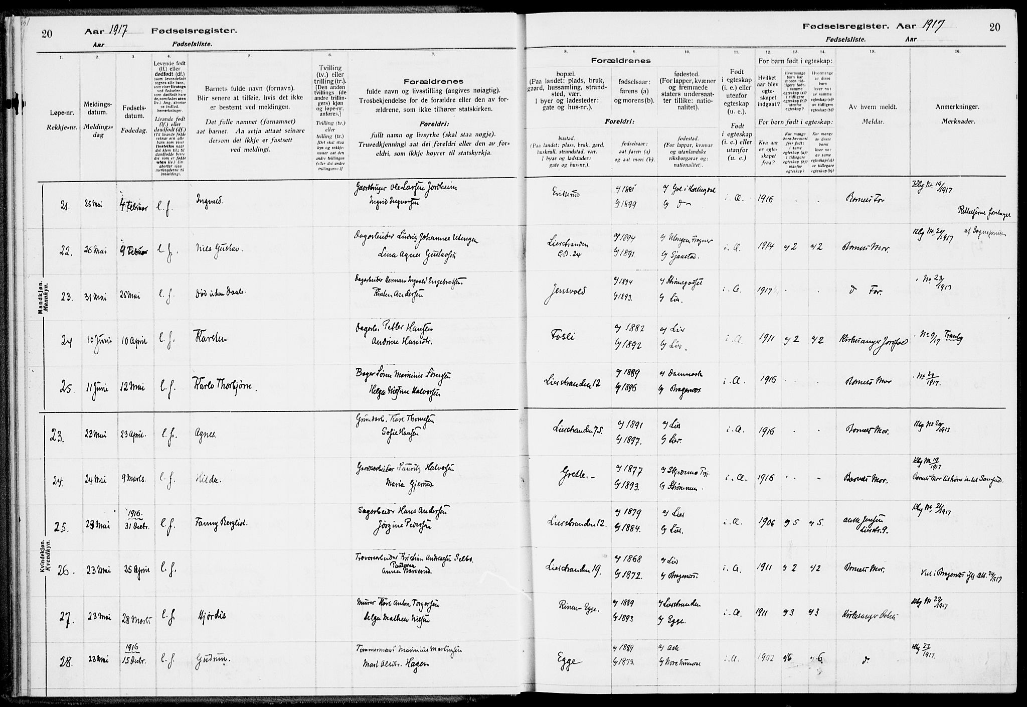 Lier kirkebøker, AV/SAKO-A-230/J/Ja/L0001: Birth register no. 1, 1916-1928, p. 20