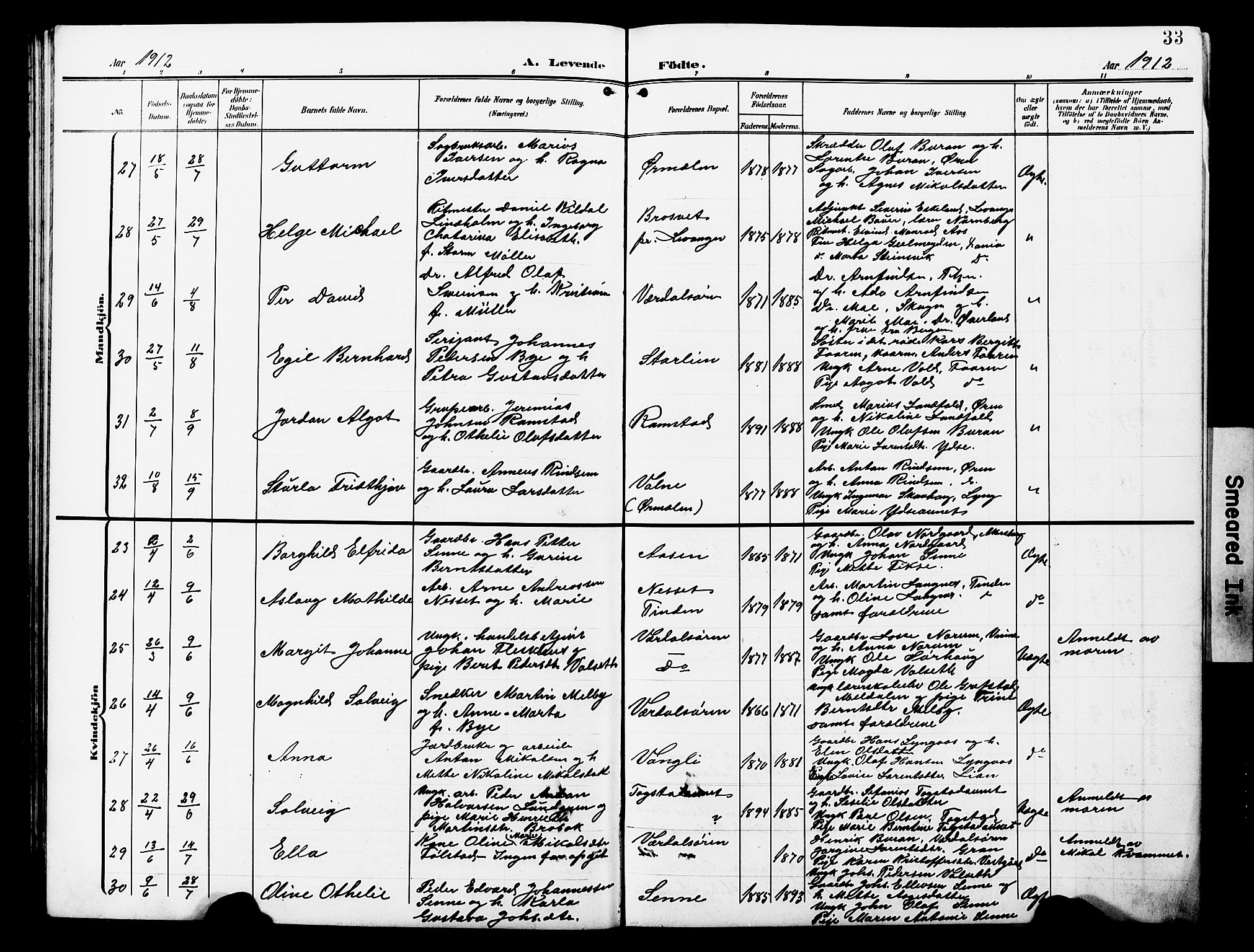 Ministerialprotokoller, klokkerbøker og fødselsregistre - Nord-Trøndelag, SAT/A-1458/723/L0258: Parish register (copy) no. 723C06, 1908-1927, p. 33