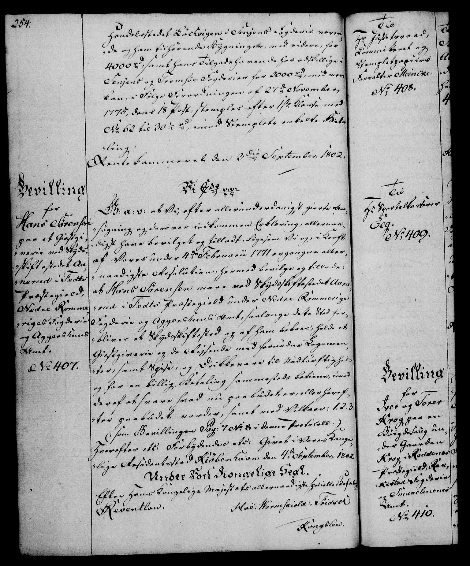 Rentekammeret, Kammerkanselliet, AV/RA-EA-3111/G/Gg/Gga/L0017: Norsk ekspedisjonsprotokoll med register (merket RK 53.17), 1801-1803, p. 254