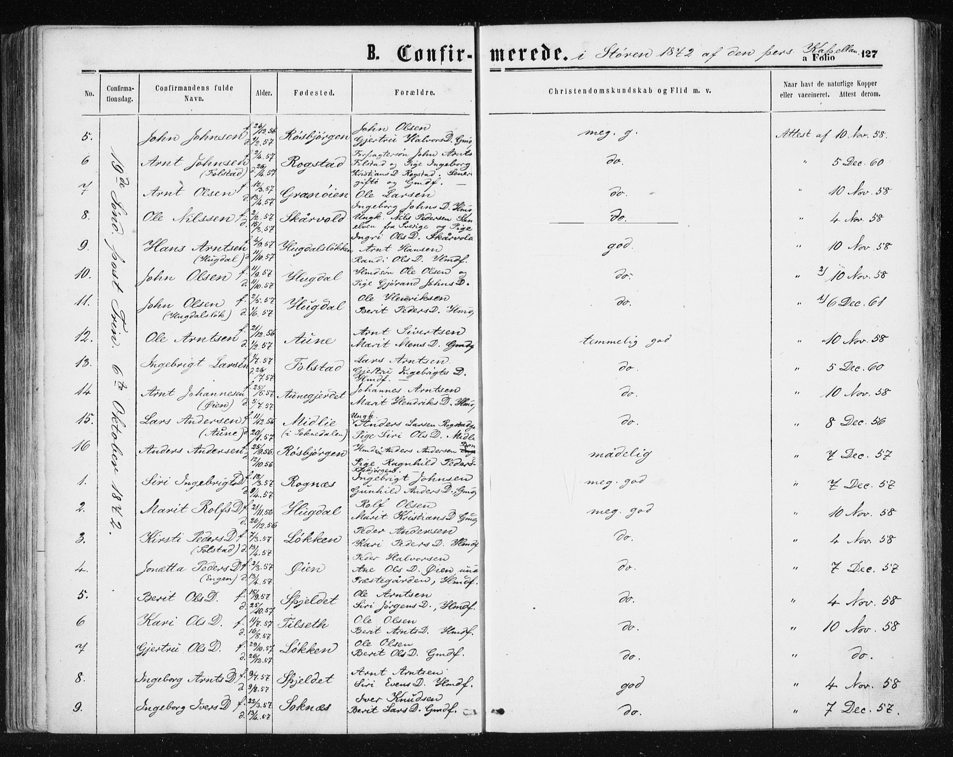 Ministerialprotokoller, klokkerbøker og fødselsregistre - Sør-Trøndelag, AV/SAT-A-1456/687/L1001: Parish register (official) no. 687A07, 1863-1878, p. 127