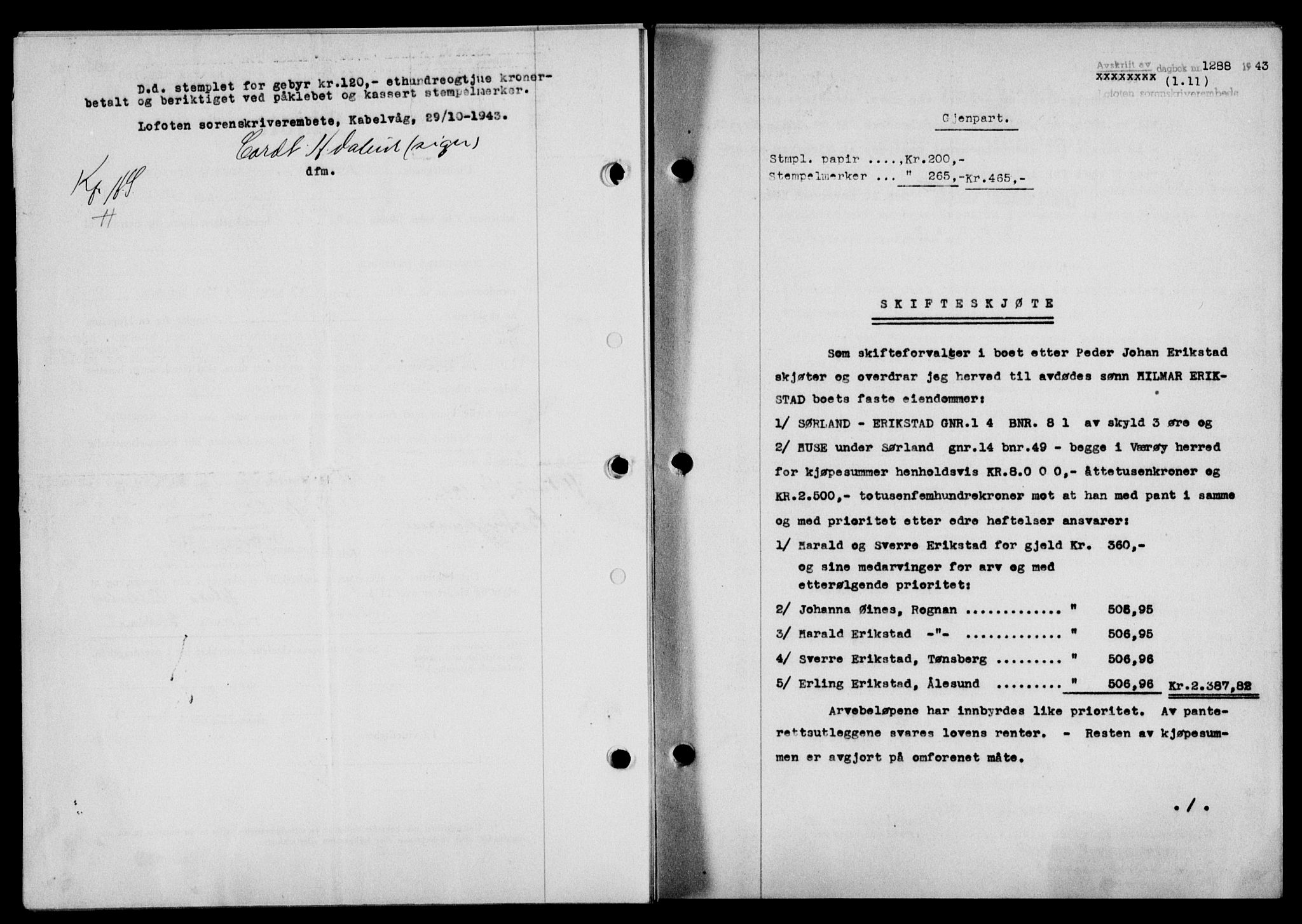 Lofoten sorenskriveri, SAT/A-0017/1/2/2C/L0011a: Mortgage book no. 11a, 1943-1943, Diary no: : 1288/1943