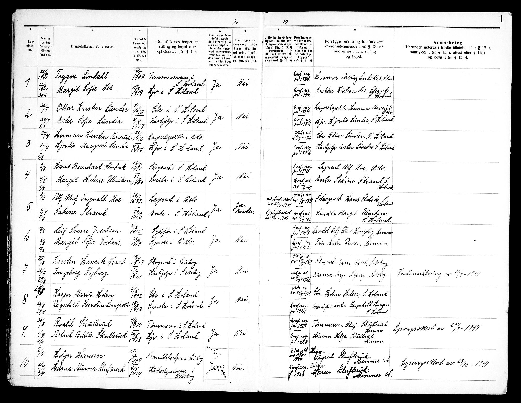 Høland prestekontor Kirkebøker, SAO/A-10346a/H/Hb/L0001: Banns register no. II 1, 1941-1969, p. 1