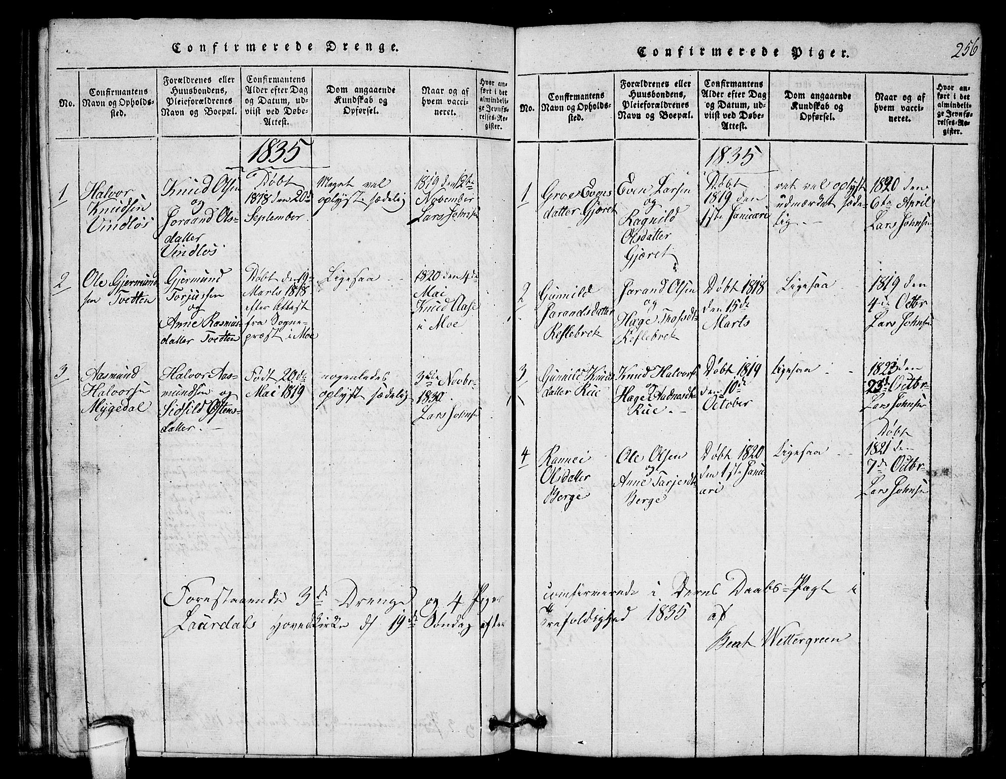 Lårdal kirkebøker, SAKO/A-284/G/Gb/L0001: Parish register (copy) no. II 1, 1815-1865, p. 256