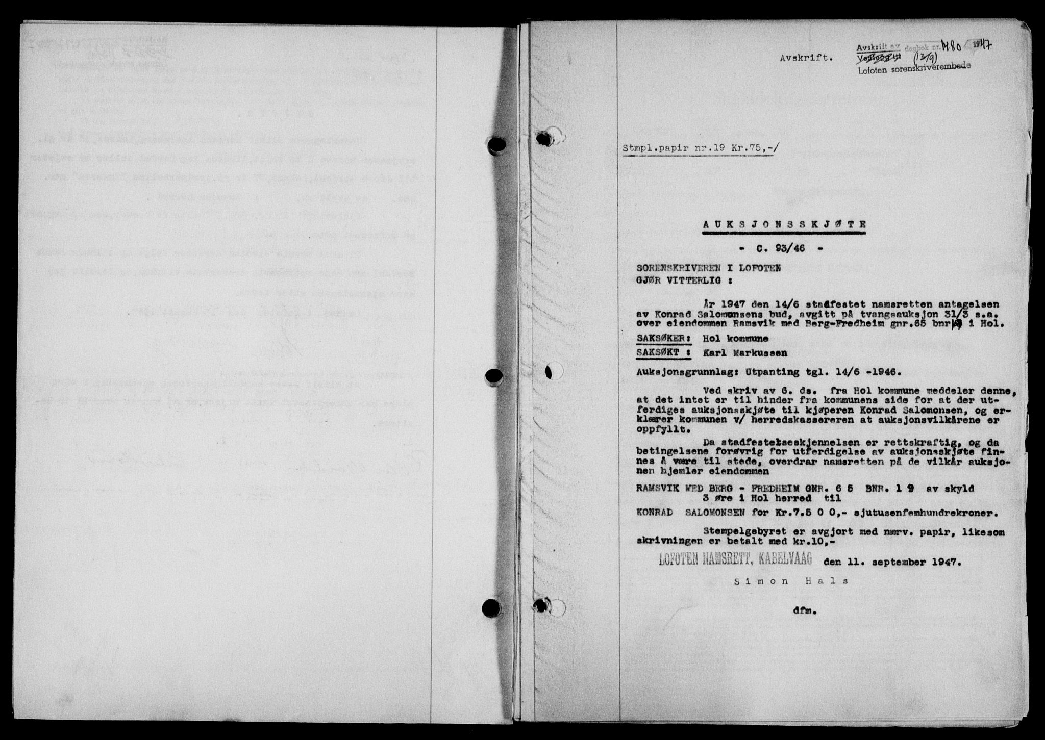Lofoten sorenskriveri, SAT/A-0017/1/2/2C/L0016a: Mortgage book no. 16a, 1947-1947, Diary no: : 1480/1947