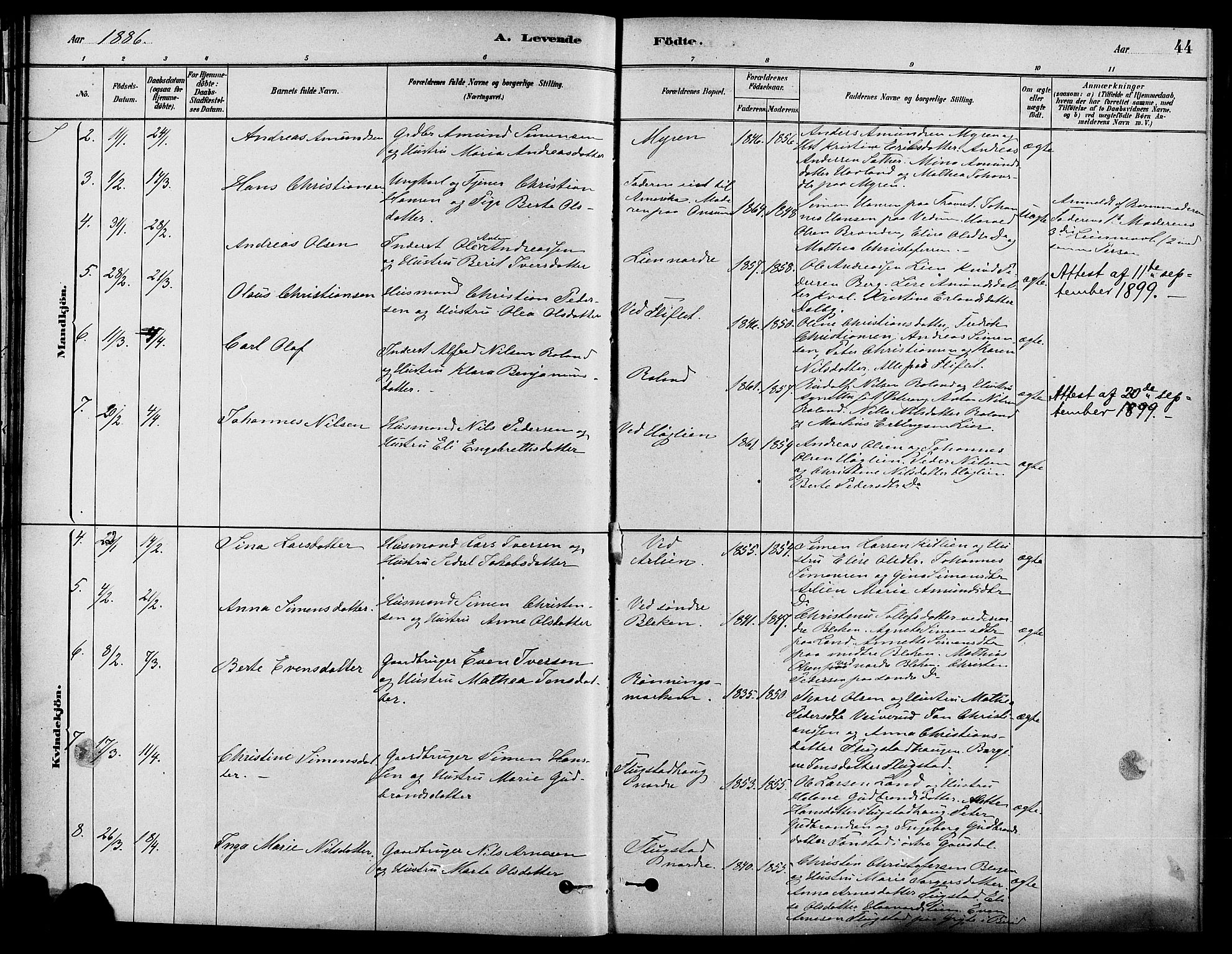 Fåberg prestekontor, SAH/PREST-086/H/Ha/Haa/L0008: Parish register (official) no. 8, 1879-1898, p. 44