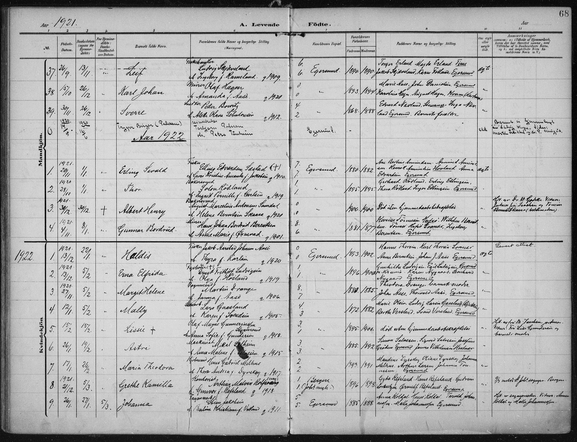 Eigersund sokneprestkontor, SAST/A-101807/S08/L0022: Parish register (official) no. A 21, 1905-1928, p. 68