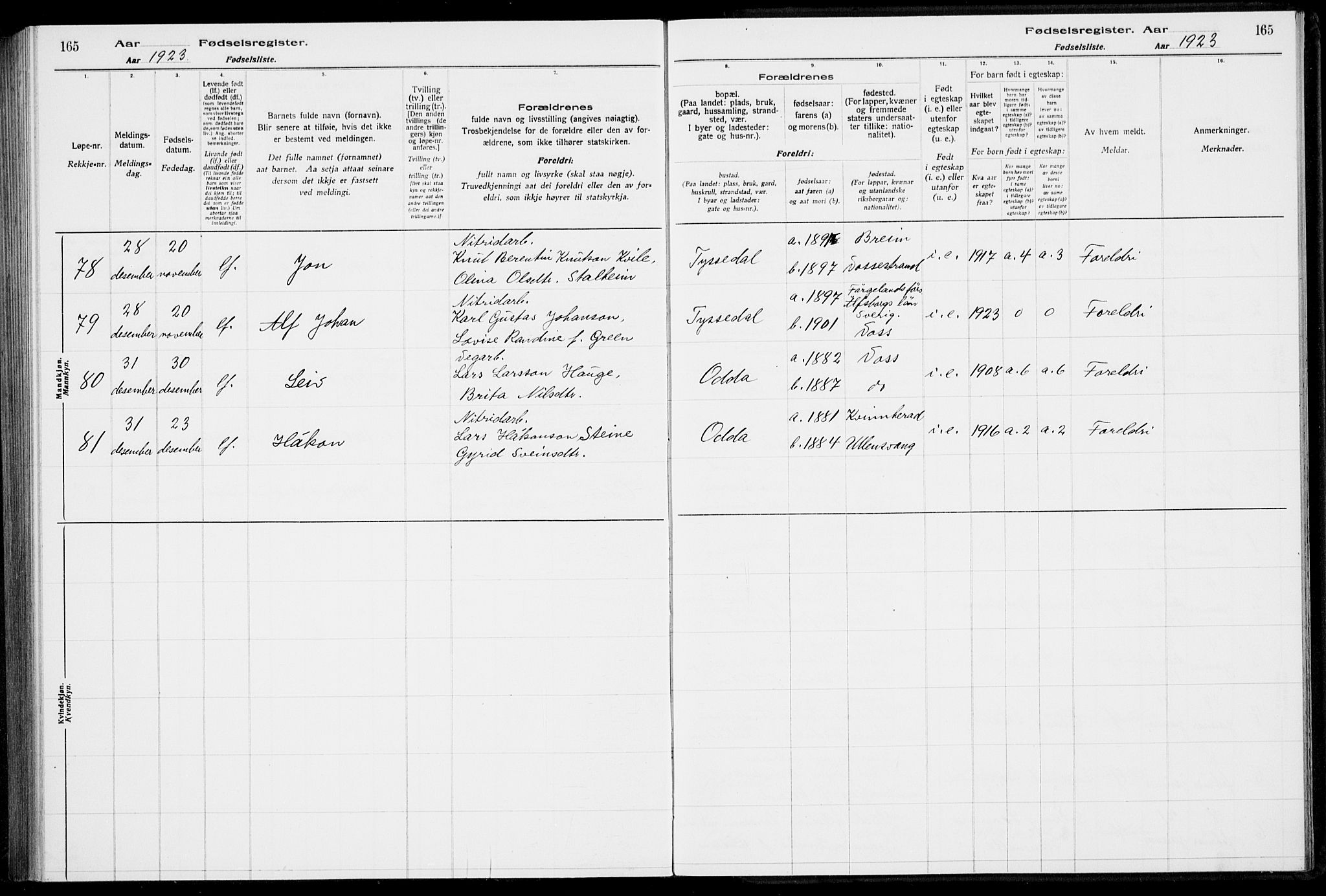 Odda Sokneprestembete, SAB/A-77201/I/Id/L00A1: Birth register no. A 1, 1916-1925, p. 165