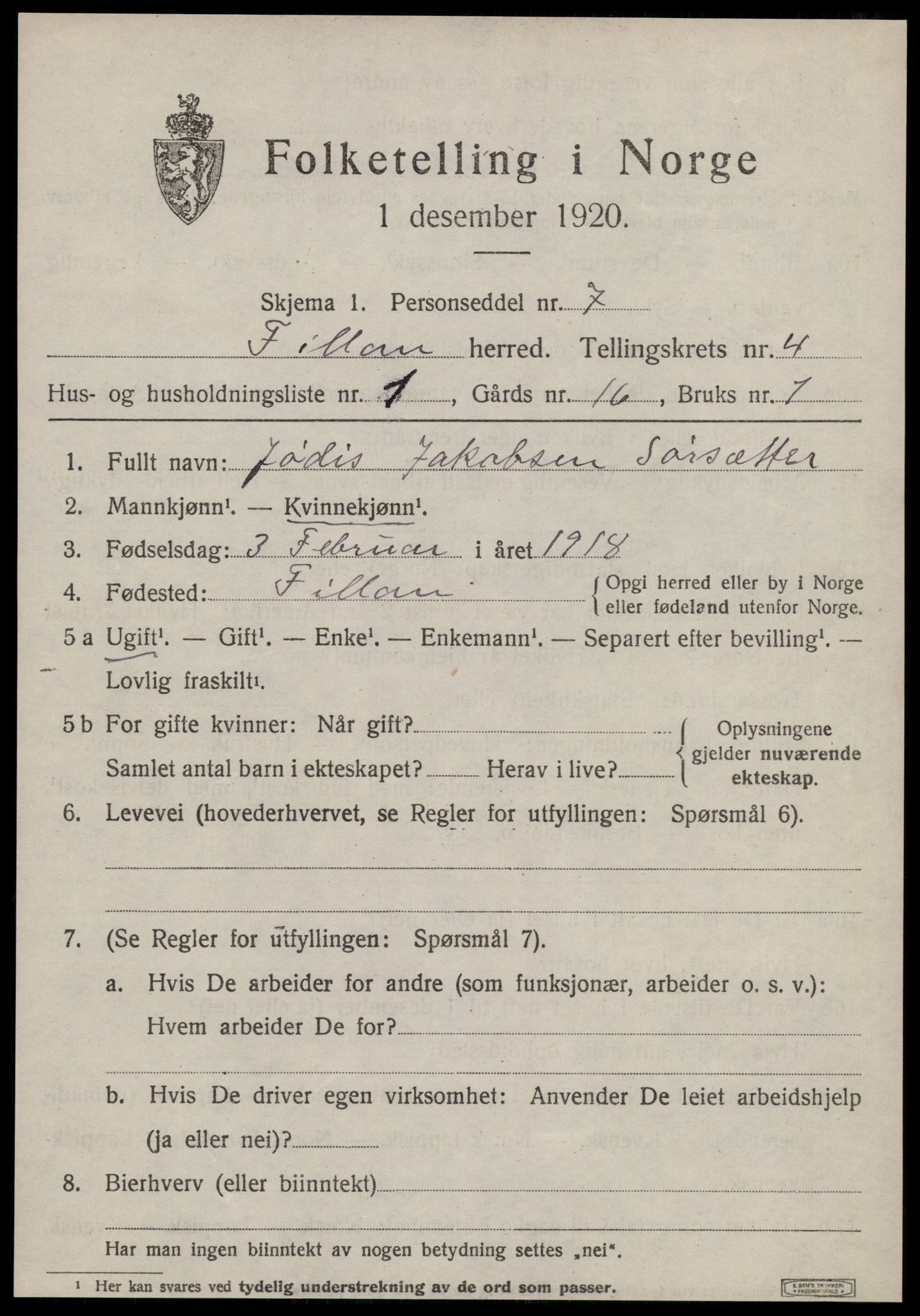 SAT, 1920 census for Fillan, 1920, p. 1772