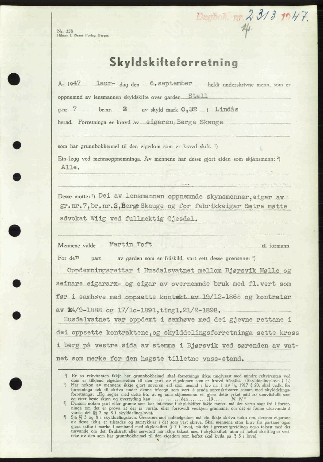 Nordhordland sorenskrivar, SAB/A-2901/1/G/Gb/Gbf/L0032: Mortgage book no. A32, 1947-1947, Diary no: : 2313/1947