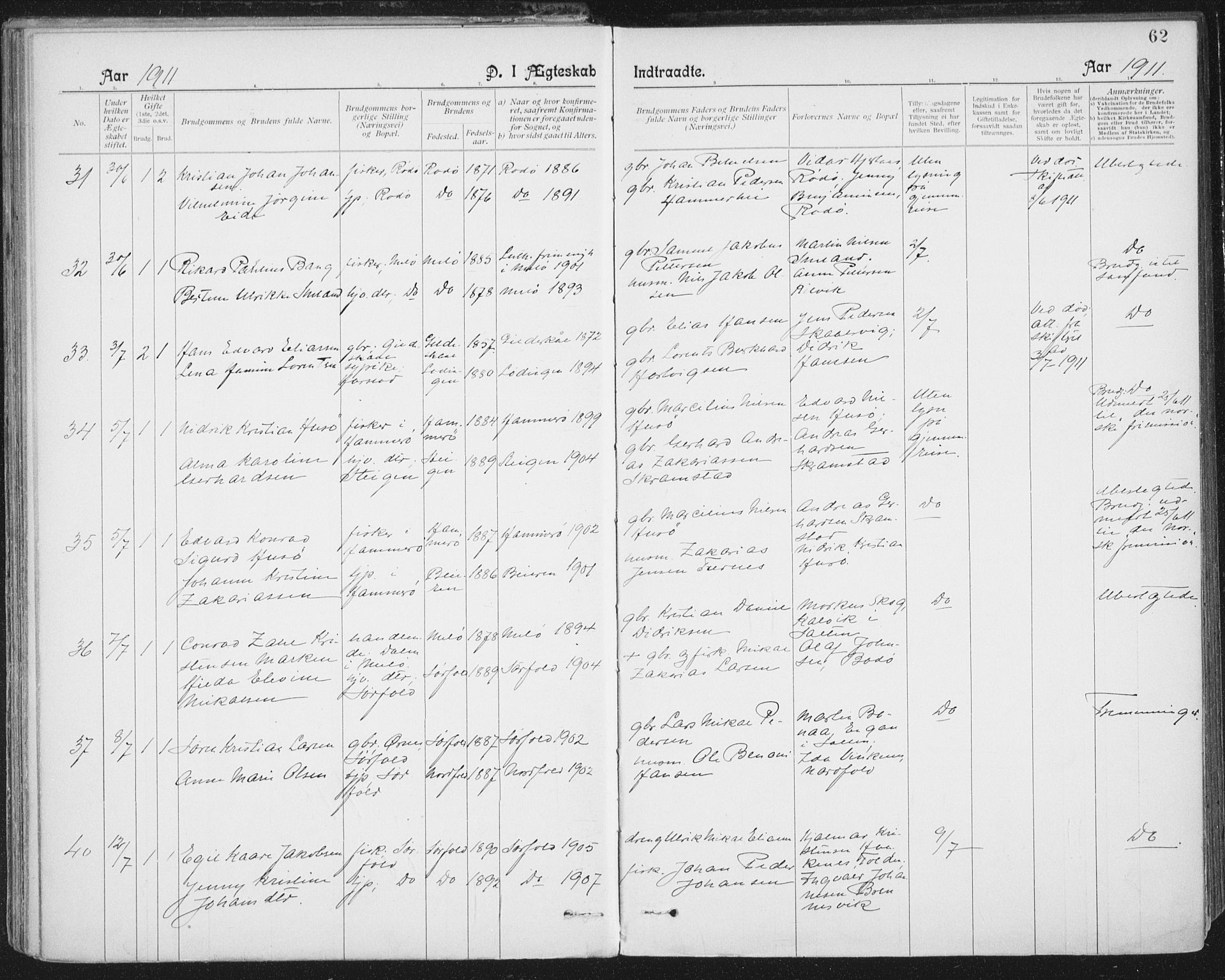 Ministerialprotokoller, klokkerbøker og fødselsregistre - Nordland, AV/SAT-A-1459/801/L0012: Parish register (official) no. 801A12, 1900-1916, p. 62