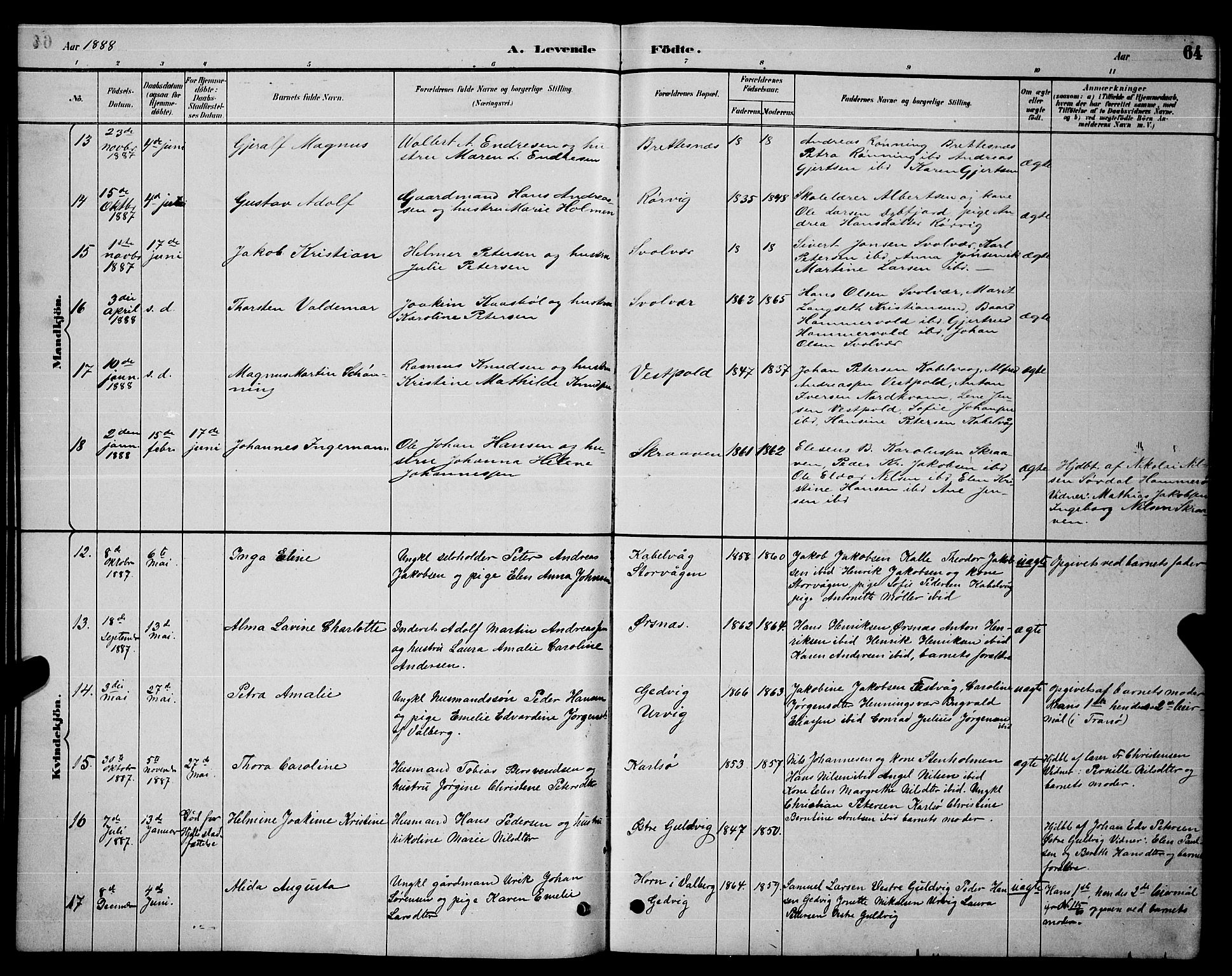 Ministerialprotokoller, klokkerbøker og fødselsregistre - Nordland, AV/SAT-A-1459/874/L1076: Parish register (copy) no. 874C05, 1884-1890, p. 64