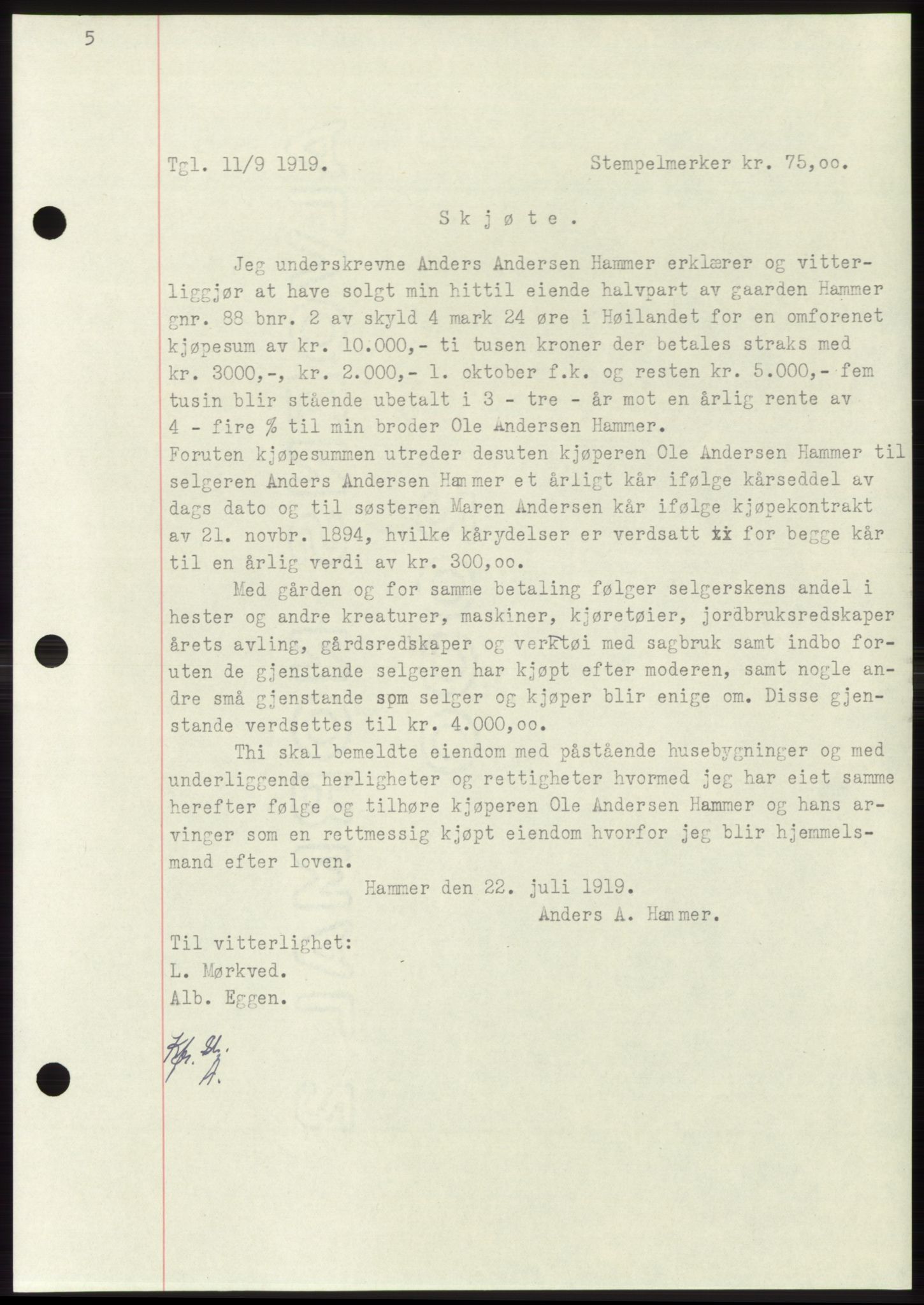 Namdal sorenskriveri, SAT/A-4133/1/2/2C: Mortgage book no. -, 1916-1921, Deed date: 11.09.1919