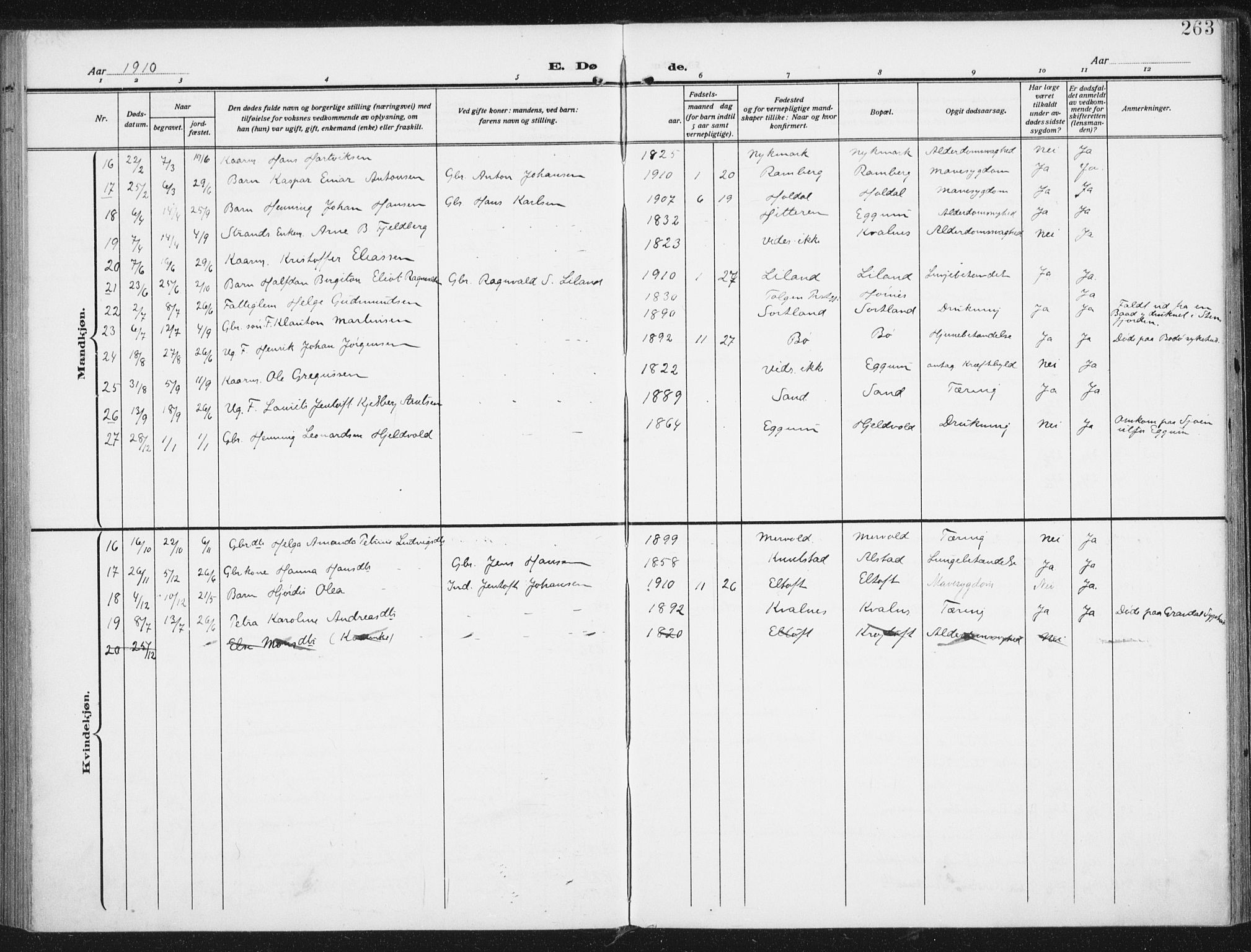 Ministerialprotokoller, klokkerbøker og fødselsregistre - Nordland, SAT/A-1459/880/L1135: Parish register (official) no. 880A09, 1908-1919, p. 263