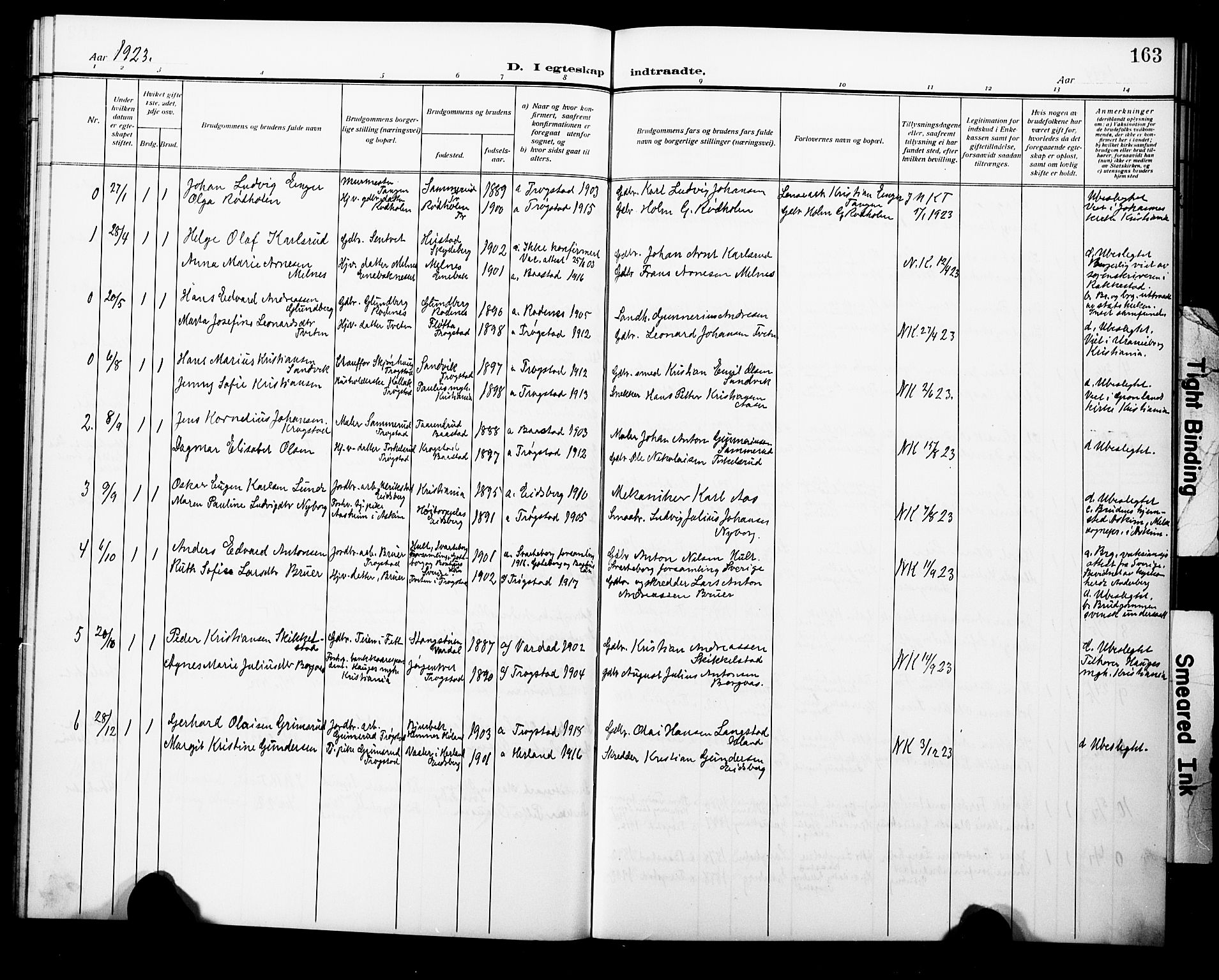 Trøgstad prestekontor Kirkebøker, SAO/A-10925/G/Ga/L0002: Parish register (copy) no. I 2, 1911-1929, p. 163