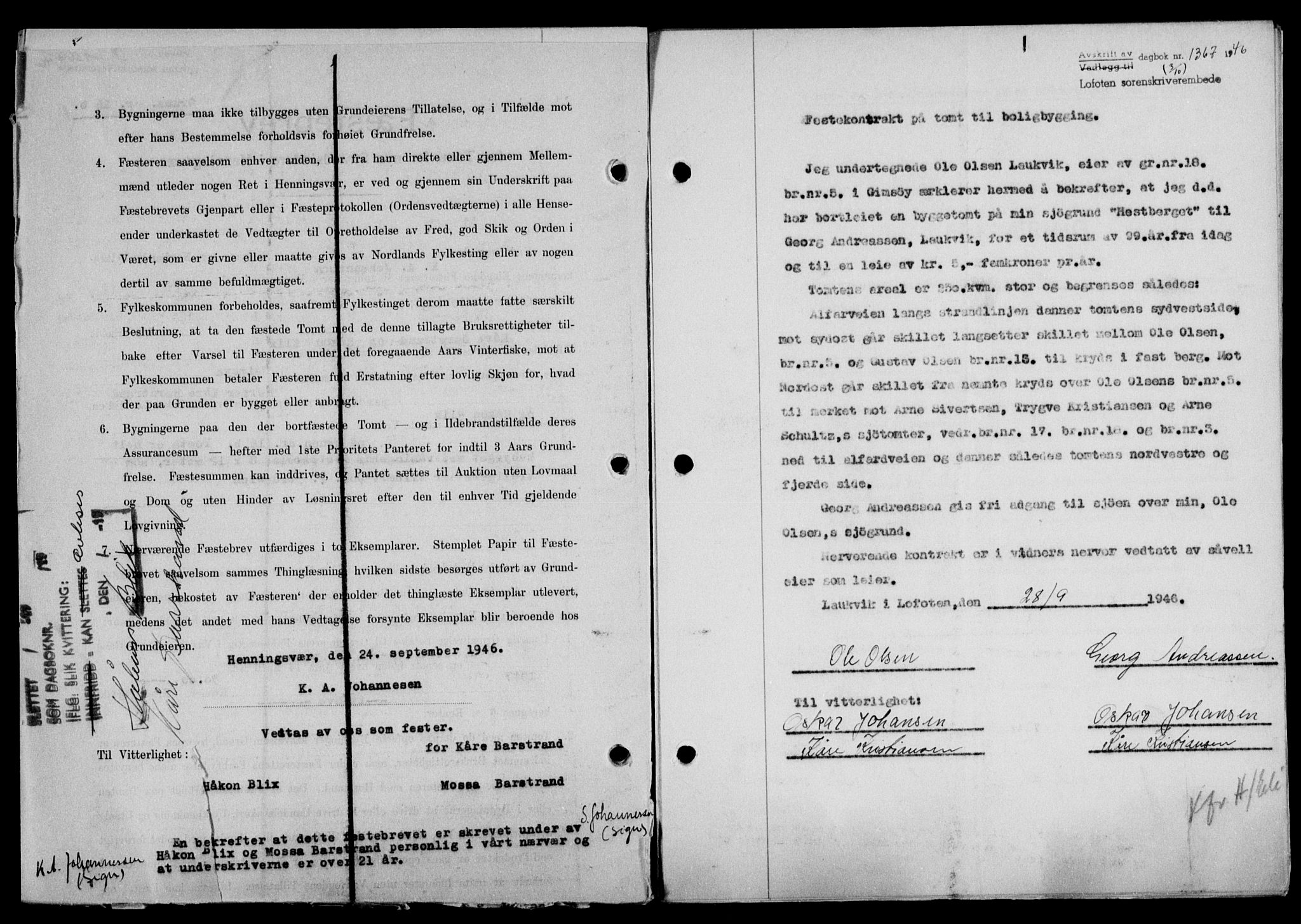 Lofoten sorenskriveri, SAT/A-0017/1/2/2C/L0014a: Mortgage book no. 14a, 1946-1946, Diary no: : 1366/1946