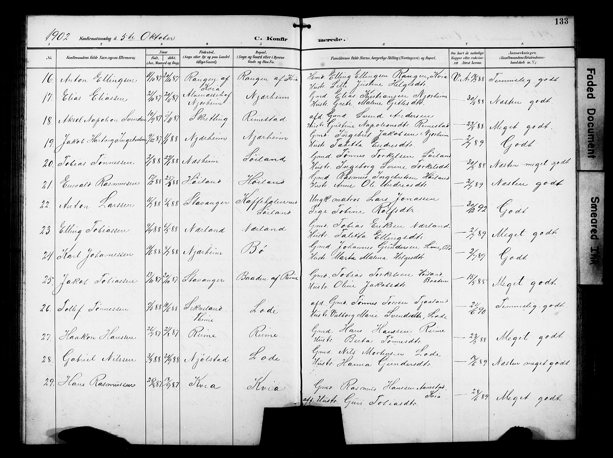 Hå sokneprestkontor, AV/SAST-A-101801/001/30BB/L0005: Parish register (copy) no. B 5, 1894-1912, p. 133