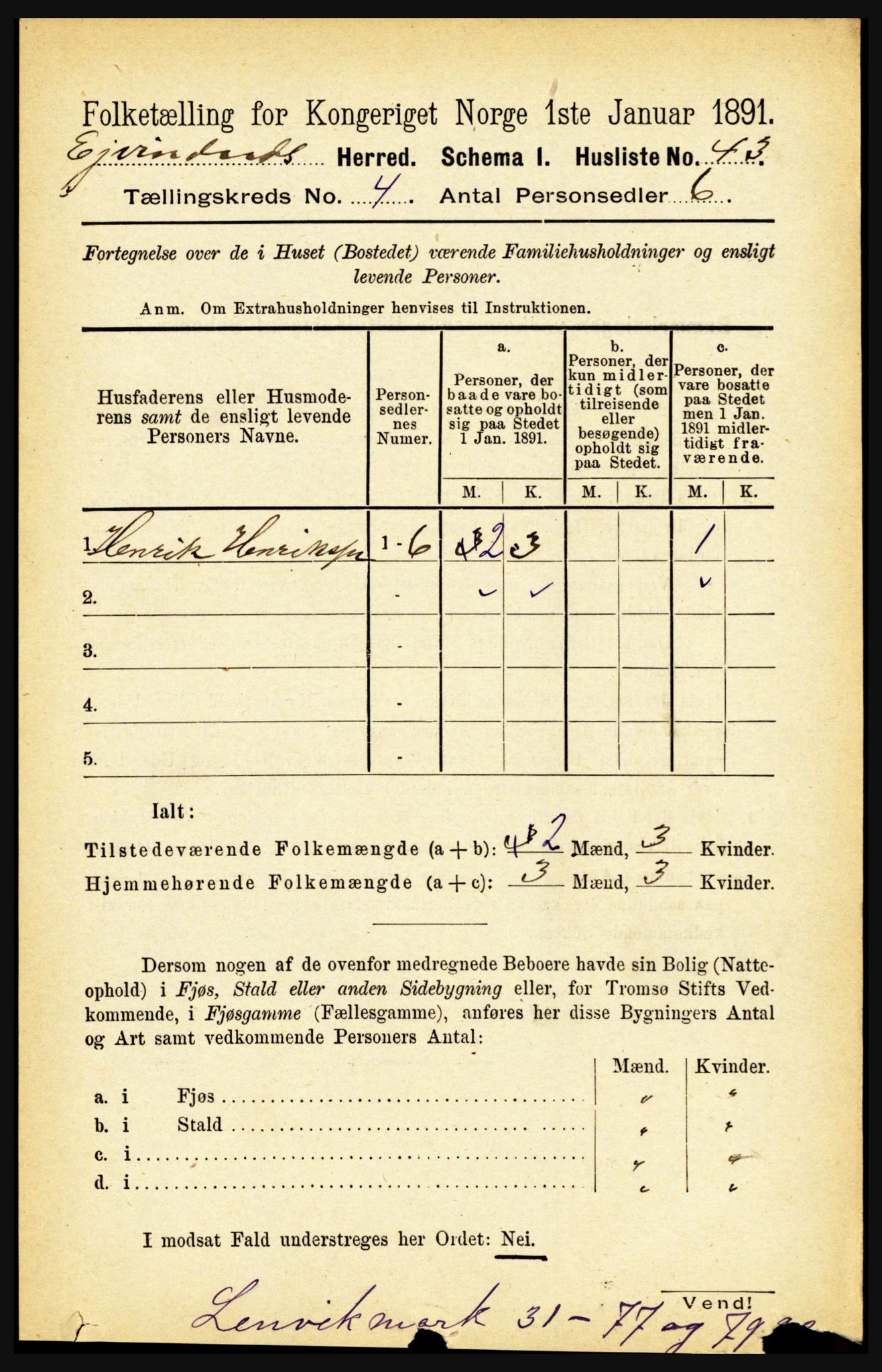 RA, 1891 census for 1853 Evenes, 1891, p. 1218