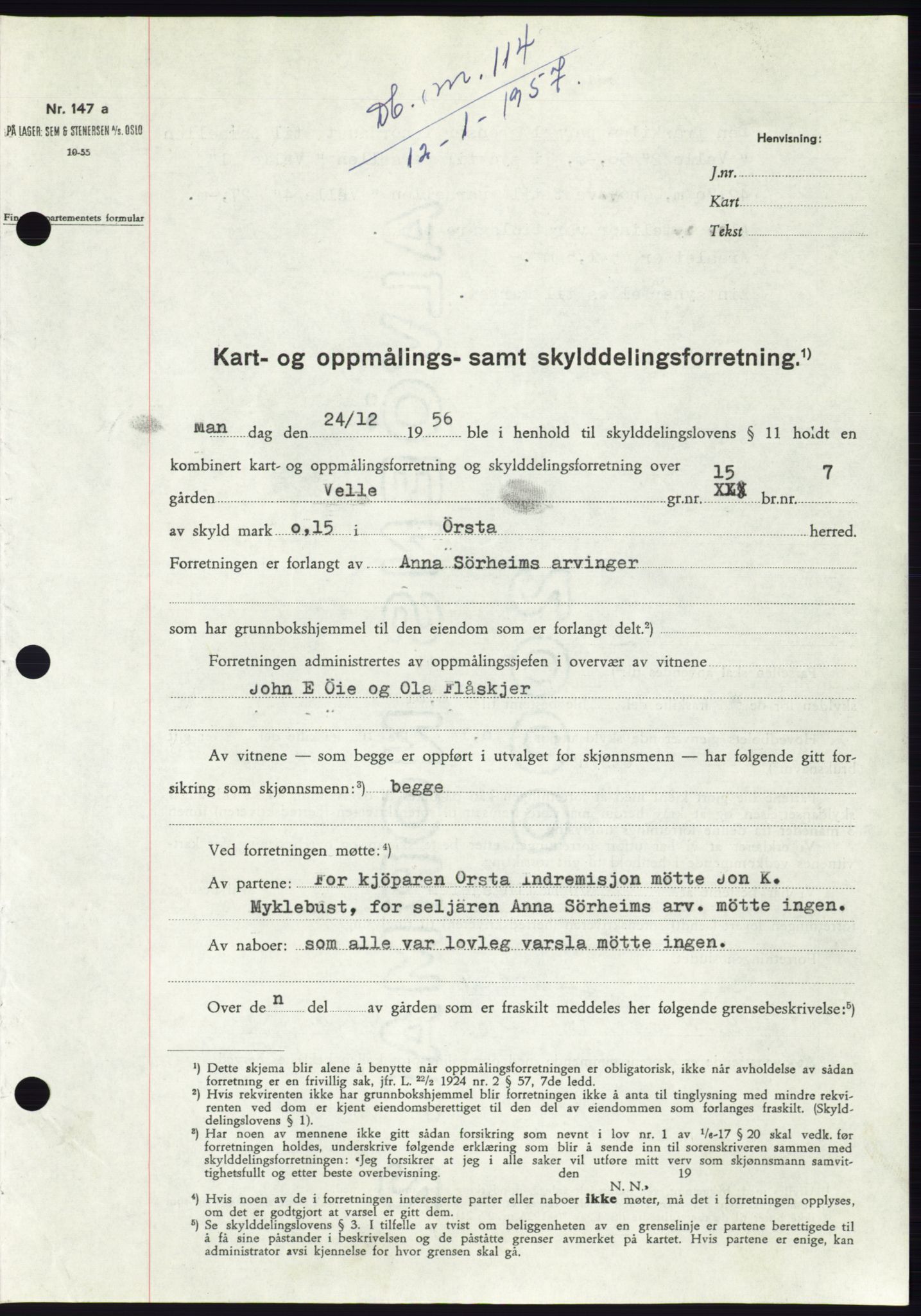 Søre Sunnmøre sorenskriveri, AV/SAT-A-4122/1/2/2C/L0105: Mortgage book no. 31A, 1956-1957, Diary no: : 114/1957