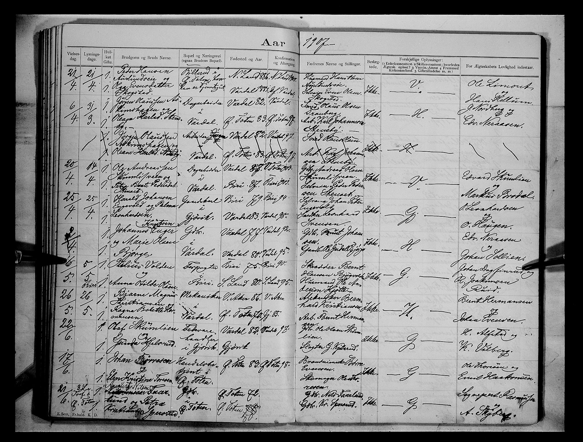 Vardal prestekontor, AV/SAH-PREST-100/H/Ha/Hab/L0004: Banns register no. 4, 1892-1907