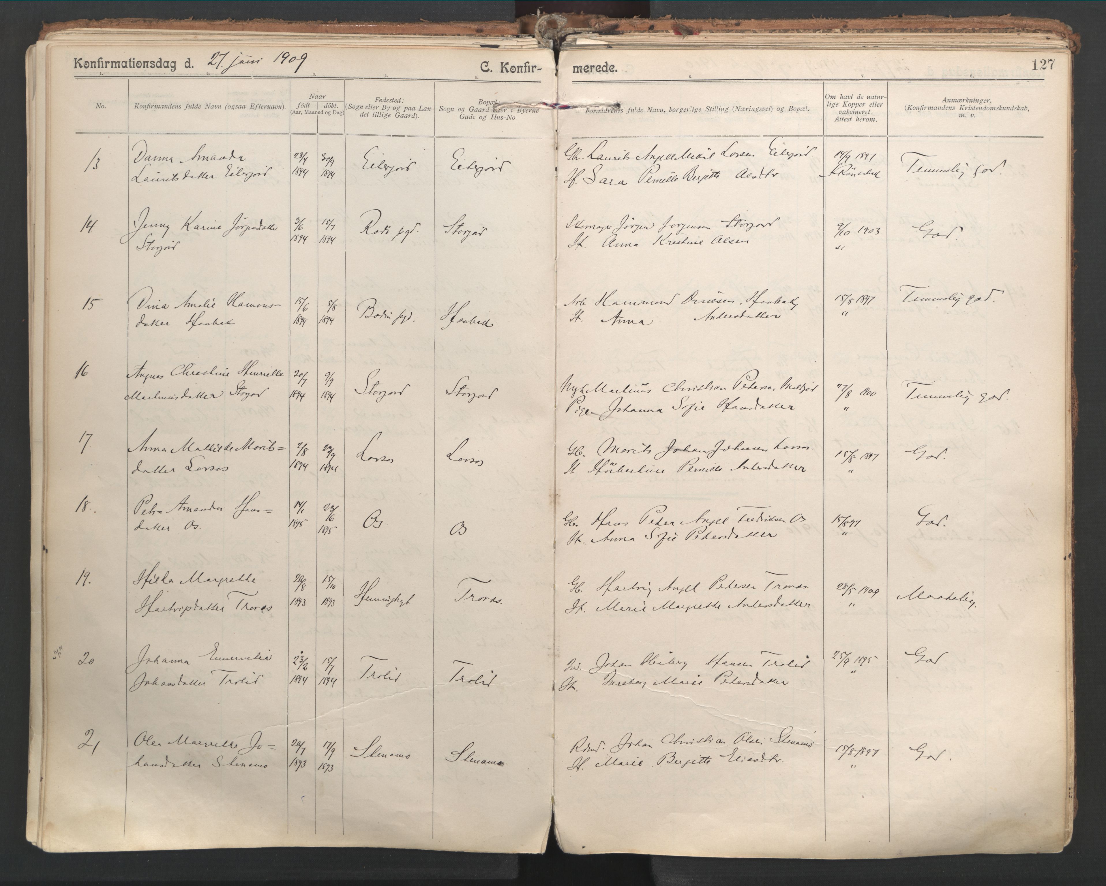 Ministerialprotokoller, klokkerbøker og fødselsregistre - Nordland, SAT/A-1459/846/L0647: Parish register (official) no. 846A05, 1902-1915, p. 127