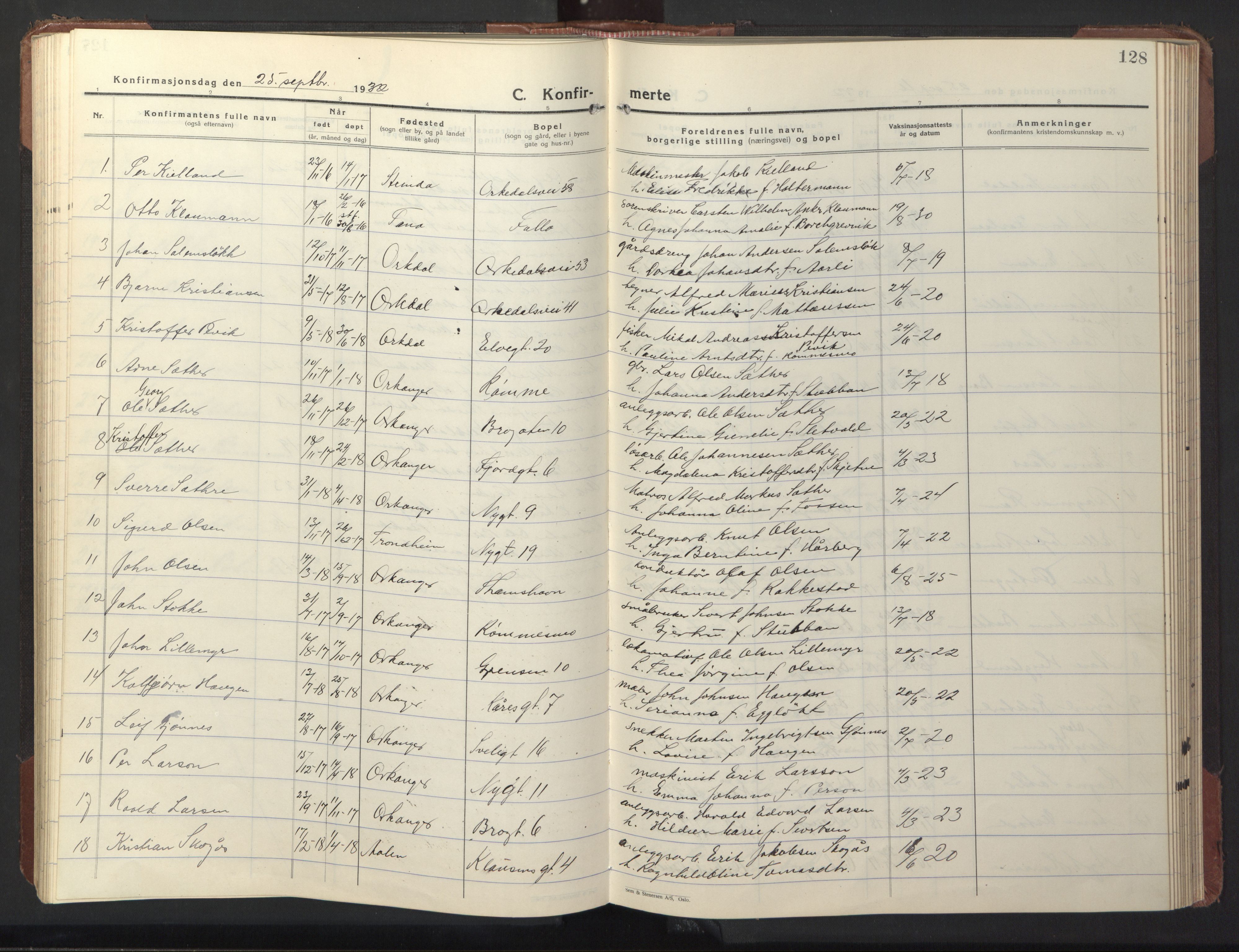 Ministerialprotokoller, klokkerbøker og fødselsregistre - Sør-Trøndelag, SAT/A-1456/669/L0832: Parish register (copy) no. 669C02, 1925-1953, p. 128