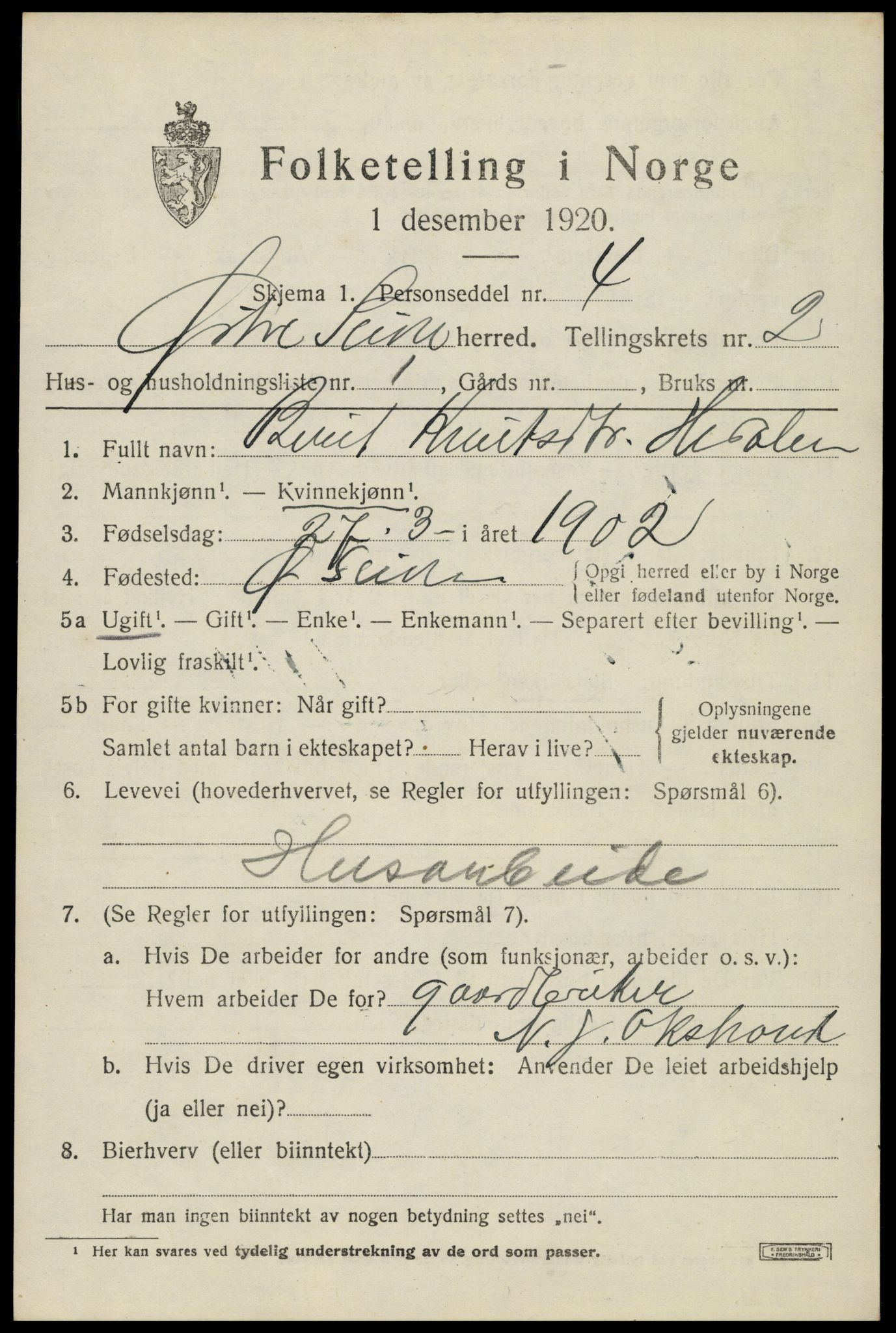 SAH, 1920 census for Øystre Slidre, 1920, p. 1429