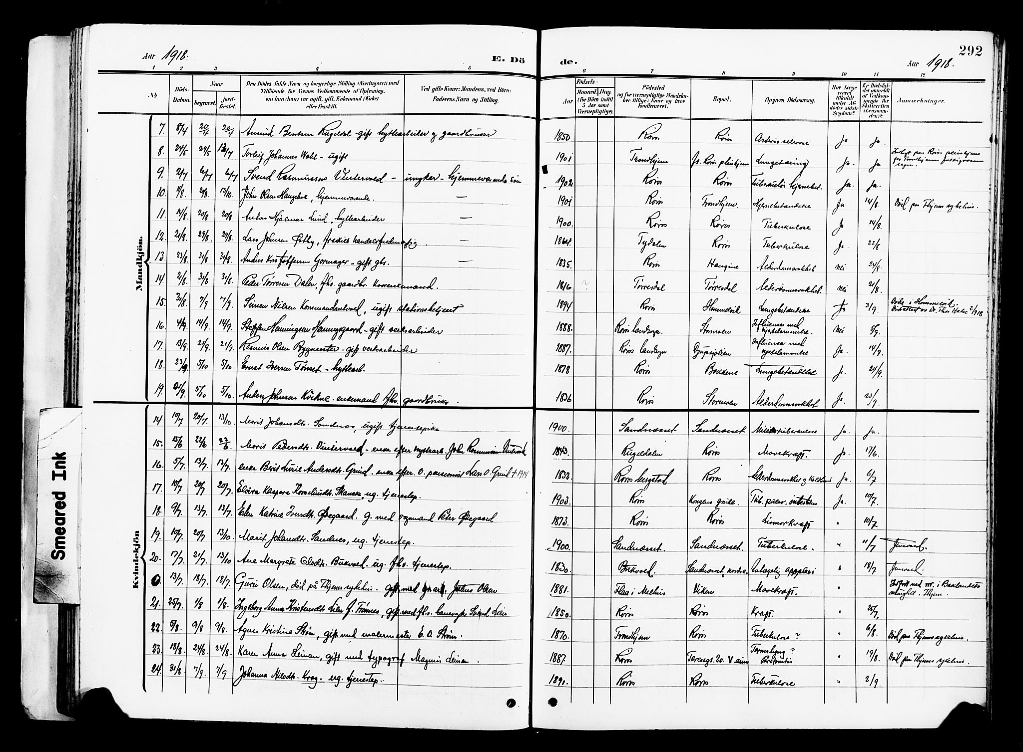 Ministerialprotokoller, klokkerbøker og fødselsregistre - Sør-Trøndelag, SAT/A-1456/681/L0942: Parish register (copy) no. 681C06, 1906-1925, p. 292