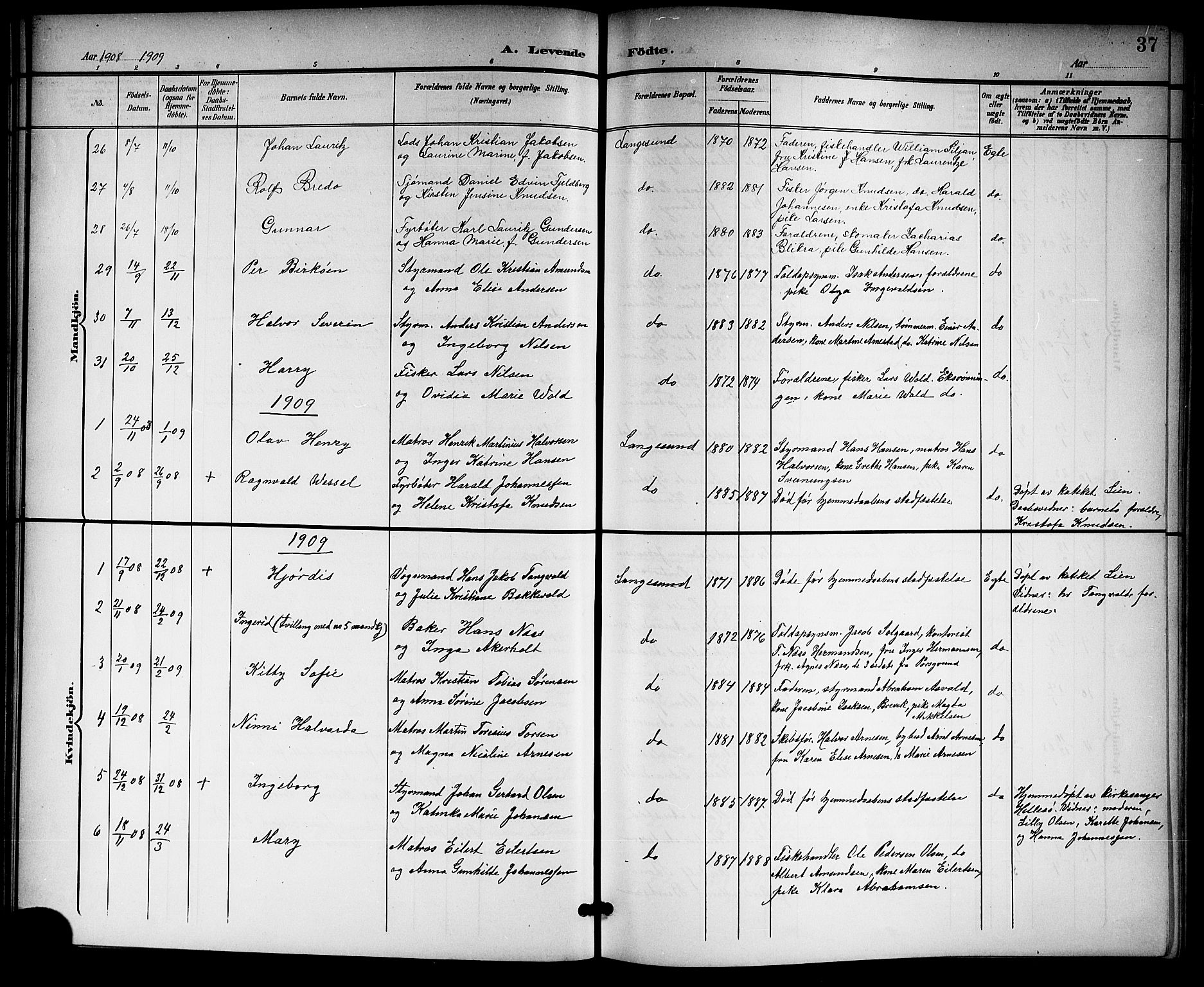 Langesund kirkebøker, SAKO/A-280/G/Ga/L0006: Parish register (copy) no. 6, 1899-1918, p. 37